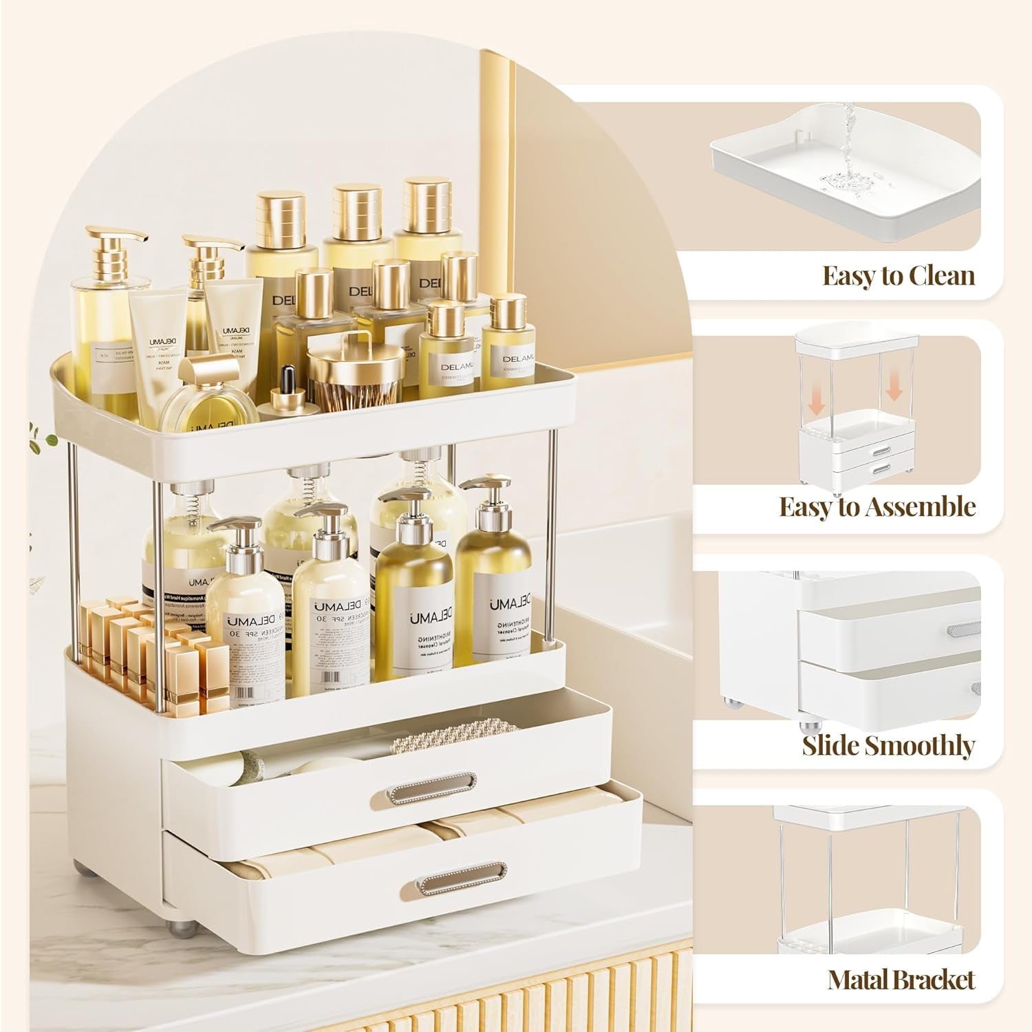 Bathroom Counter Organizer with Lipstick Holder, Acrylic 4-Tier 2-Drawers Makeup Organizer, Bathroom Organizers and Storage for Vanity, Office Supplies, Perfume, Skincare, Face Mask, White