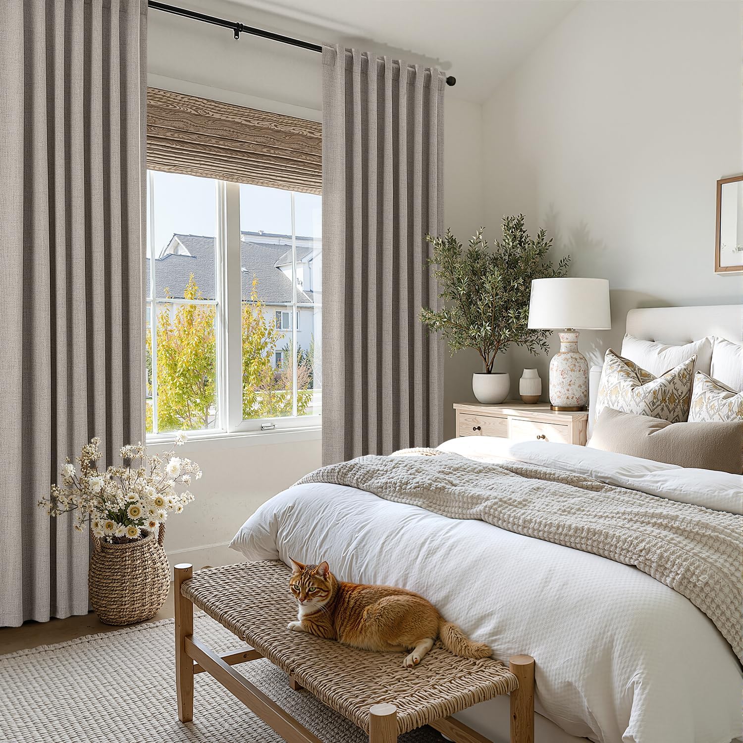 100% Blackout Curtains for Bedroom, Linen Solid Luxury Decor Thermal Insulation Room Darkening Drapes for Living Room Nursery Back Tab Rod Pocket 42 X 84 Inches, 2 Panels,Linen