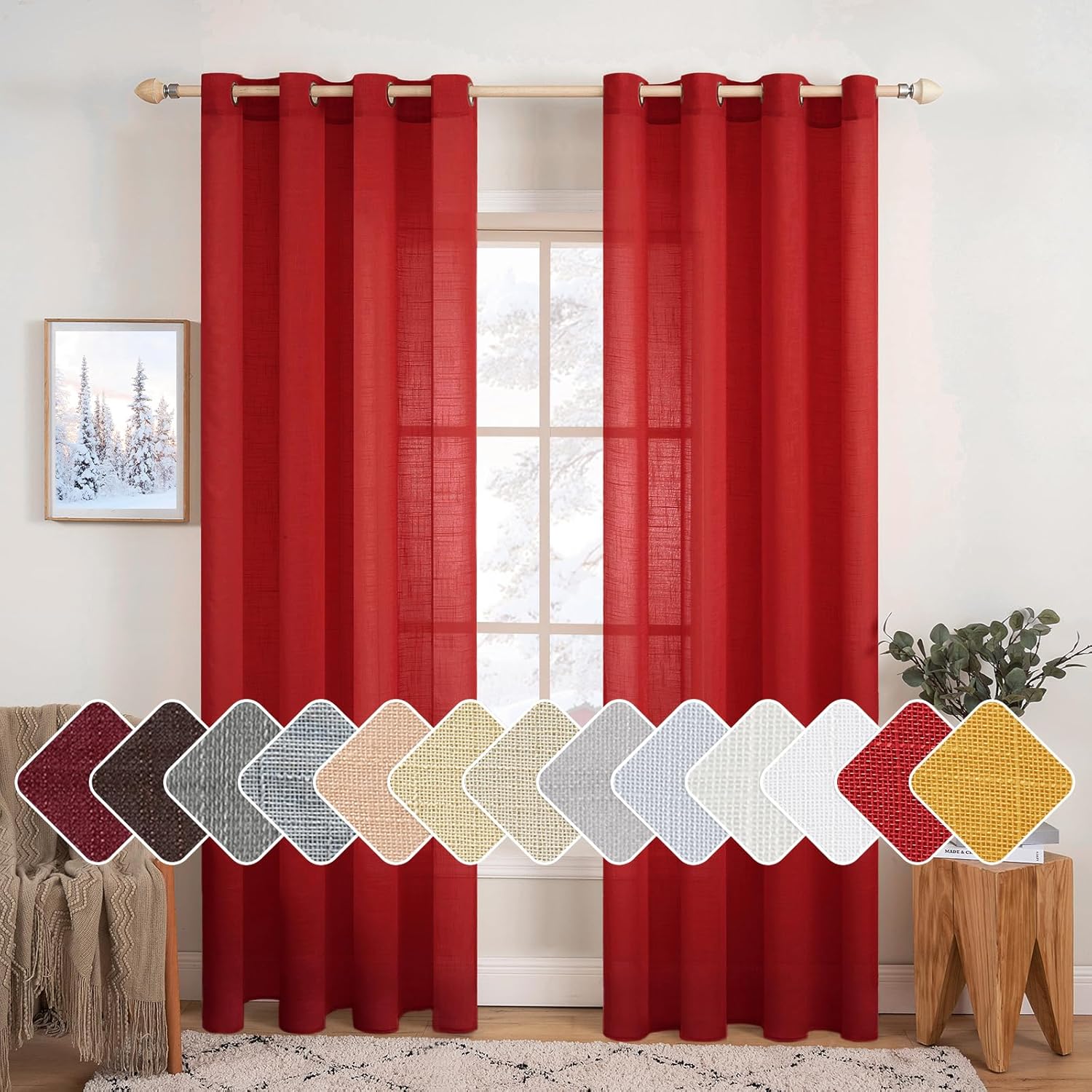 2 Panels Natural Linen Sheer Window Curtains Elegant Red Drapes Grommet Top Window Voile Drapes Linen Textured Panels for Bedroom Living Room (52X90 Inch)