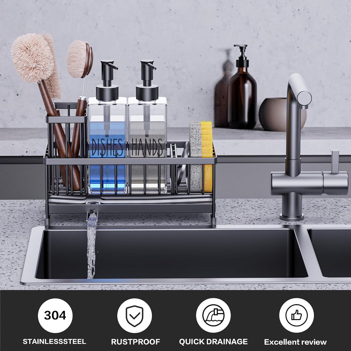 Dish Soap Dispenser, 12 Fl Oz Dual Kitchen Soap Dispensers with Sponge Holder, Plastic Pump Clear Glass Bottle Kitchen Soap Dispenser Set, Modern Hand and Dish Soap Bottle Set Removable