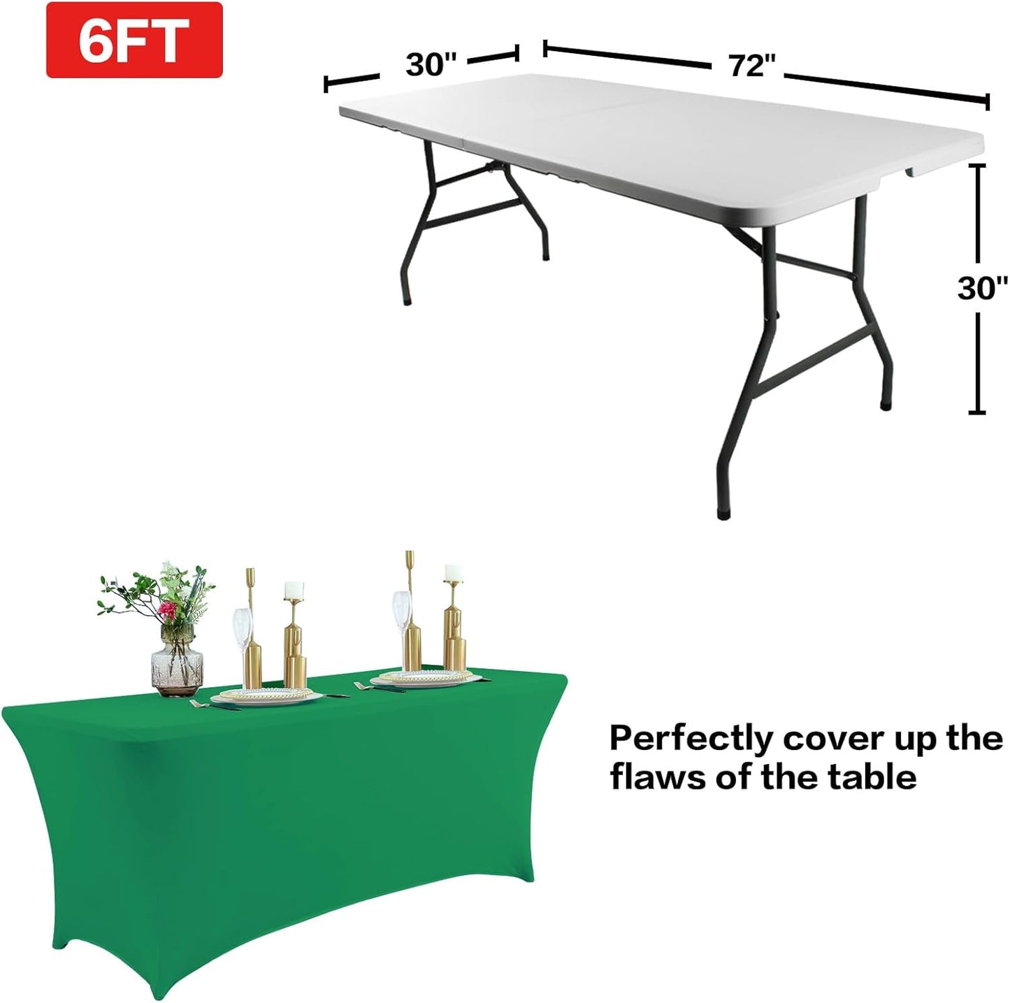 2 Pack 6FT Table Cloth for Rectangular Fitted Events Stretch Emerald Green Table Covers Washable Spandex Tablecloth Protector for Party, Wedding, Cocktail, Banquet, Festival