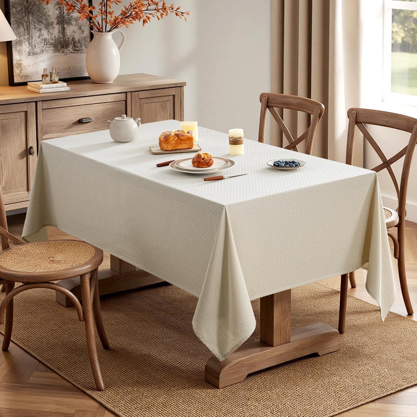 Natural Linen Cottton Table Cloth Rectangle Tablecloth Waterproof Spillproof Cross-Star Textured Table Cltoth Decorative Farmhouse Style for Dining Party Weddings 52X70 Inch