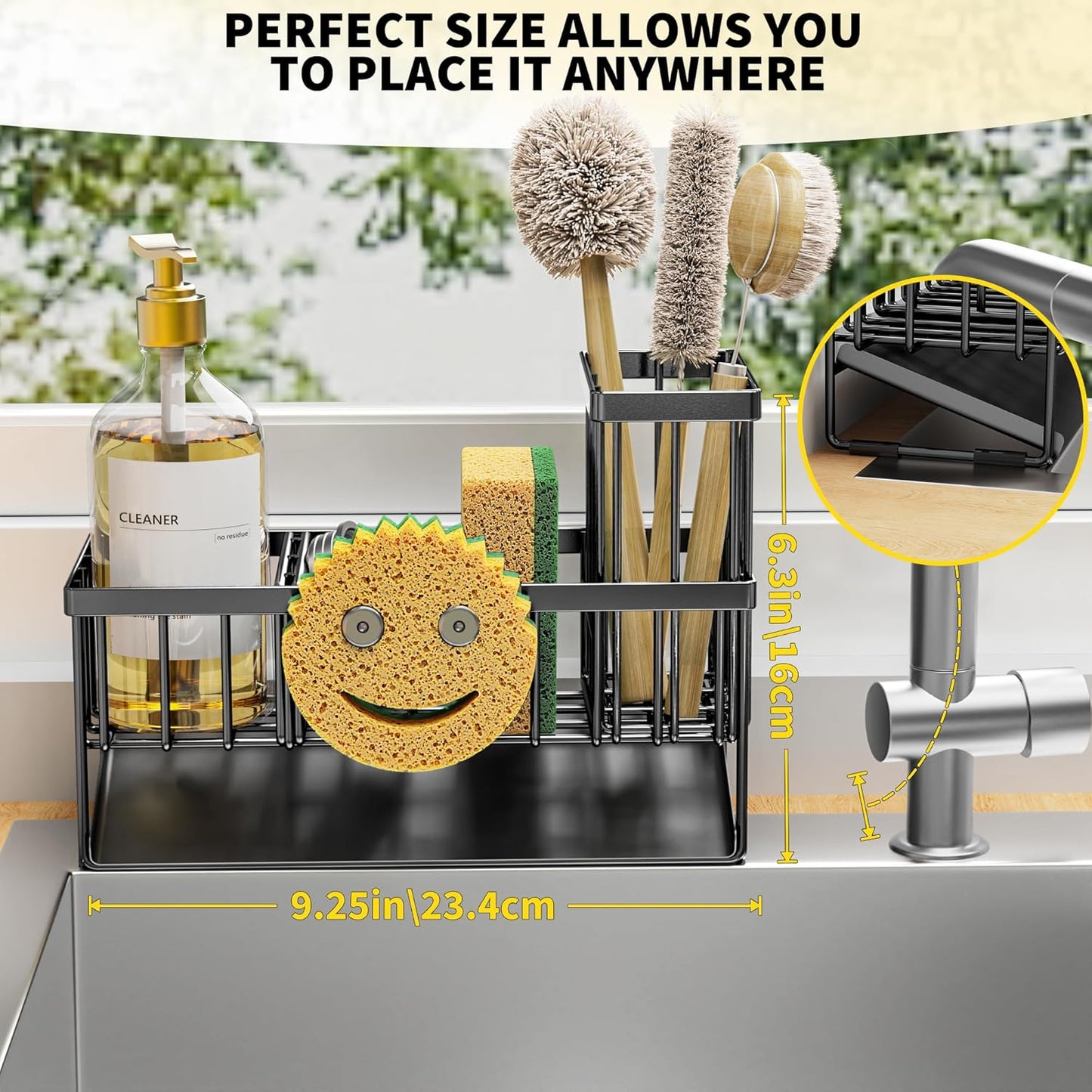 Sink Caddy with Smiley Face Sponge Holder, 304 Stainless Steel Rustproof(Black)