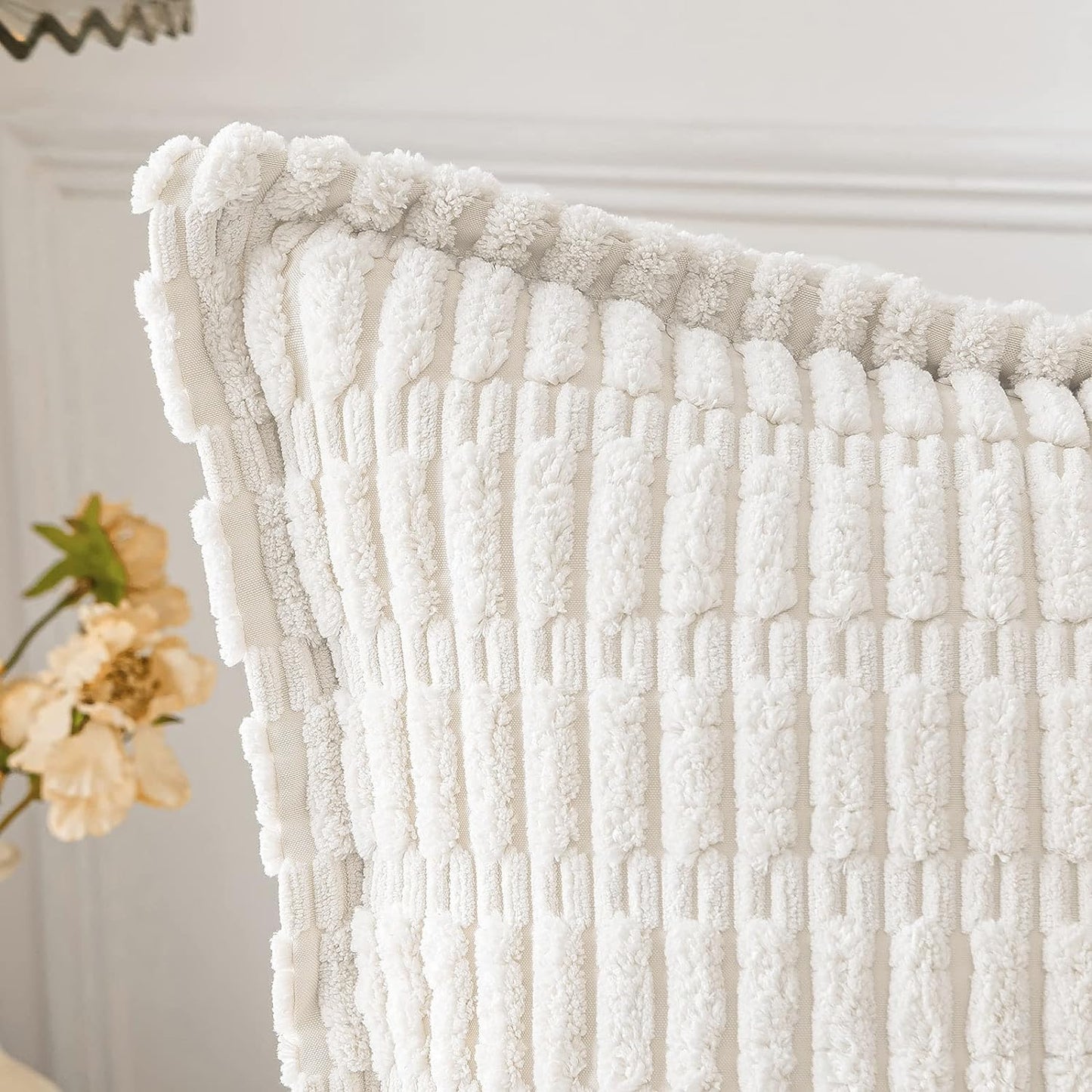 Pure White Corduroy Decorative Throw Pillow Covers Pack of 2 Soft Striped Pillows Pillowcases with Broad Edge Modern Winter Cute Boho Home Decor for Couch Sofa Bed 18X18 Inch