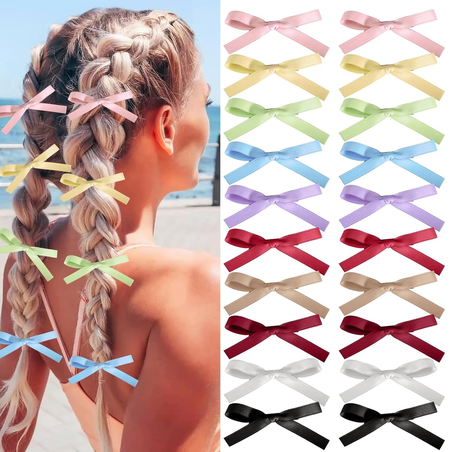 Hair Bows for Girls,20 PCS Small Bow Hair Clips Tassel Ribbon Bowknot with Short Tail,Ribbon Hair Bows Barrettes for Thick Thin Hair,Nonslip Hair Accessories Christmas Birthday Gifts