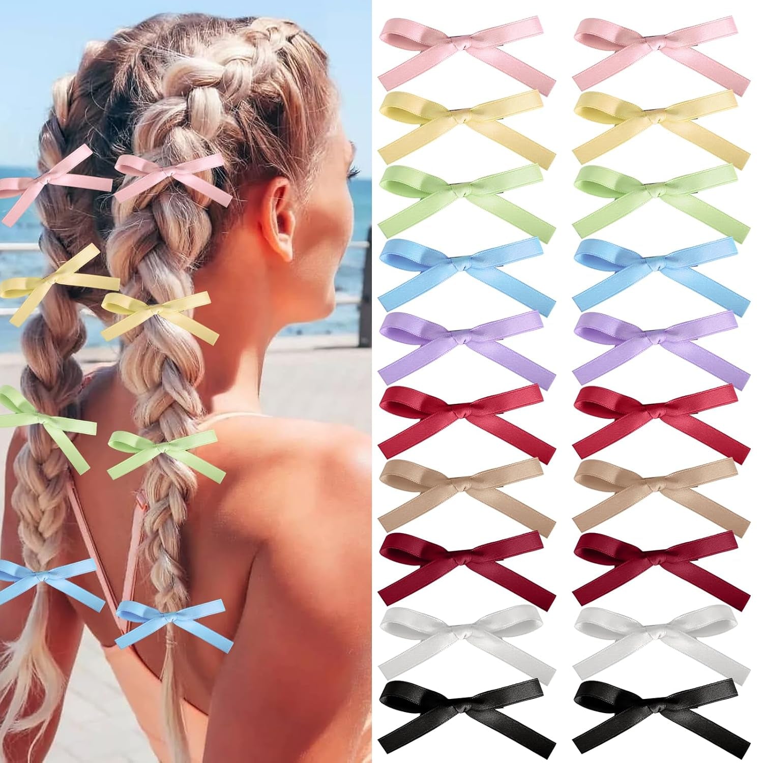 Hair Bows for Girls,20 PCS Small Bow Hair Clips Tassel Ribbon Bowknot with Short Tail,Ribbon Hair Bows Barrettes for Thick Thin Hair,Nonslip Hair Accessories Christmas Birthday Gifts