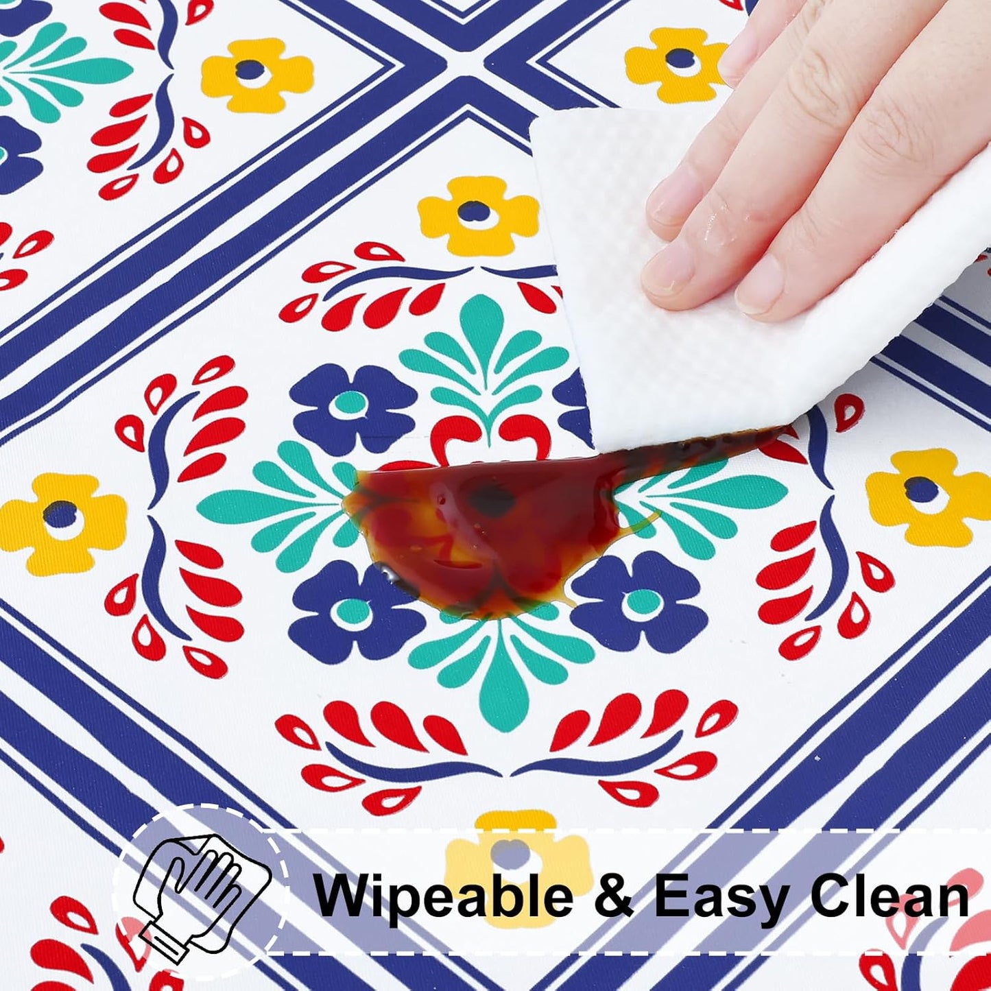 round Fitted Tablecloth with Elastic Edge, 100% Waterproof Oil Proof Plastic Table Cover, Vinyl Flannel Backed Tablecloth Fits 36"-44" round Tables for Dinner, Outdoor, Picnic, Geometric Flower