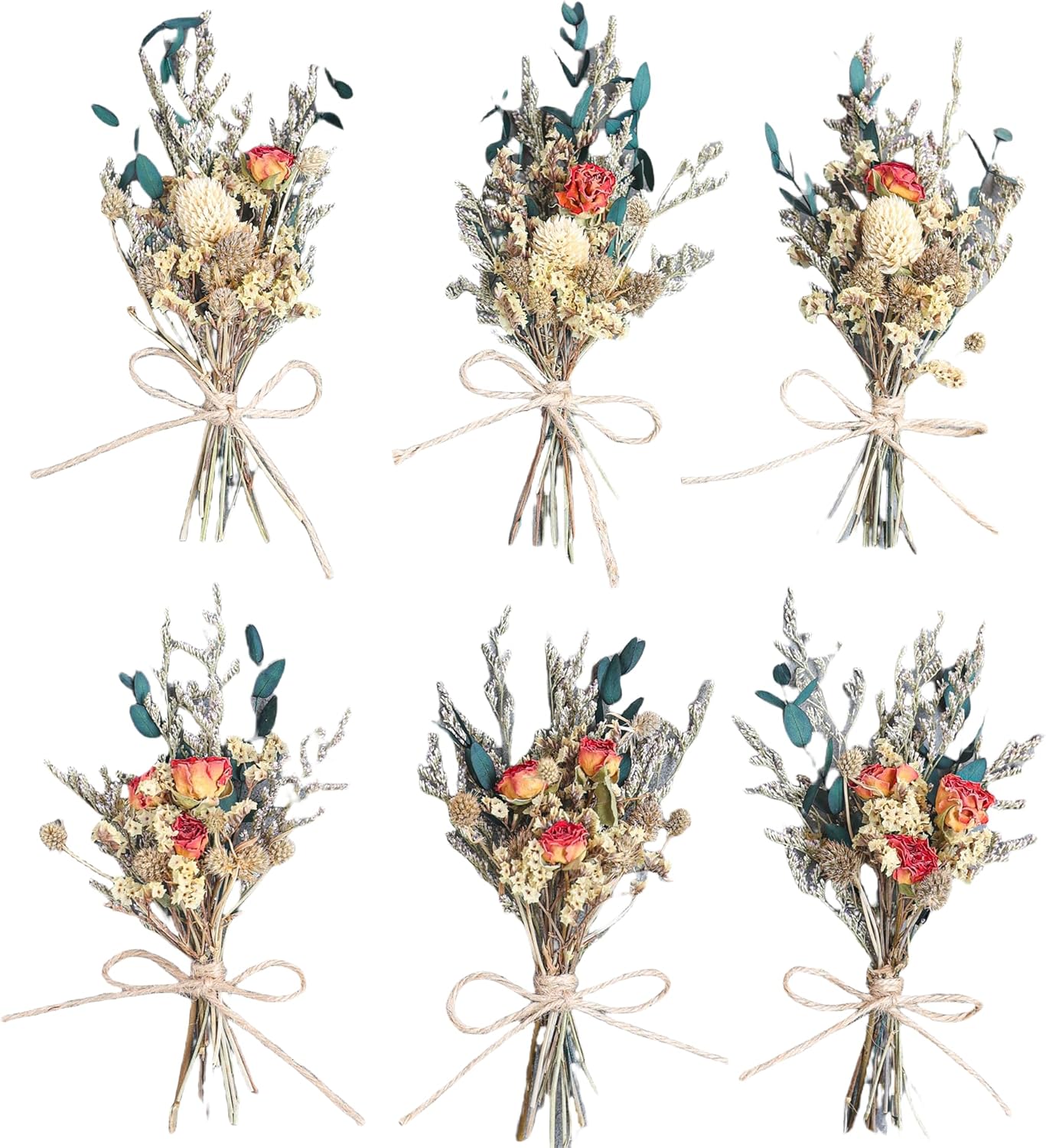 Mini Dried Flower Bouquet (Pack of 6), Rose Bouquets, Party Favours, Bohemian Plate Decoration, Birthday Cake Dried Flower Gift Box Companion, Photography Props (Rose)