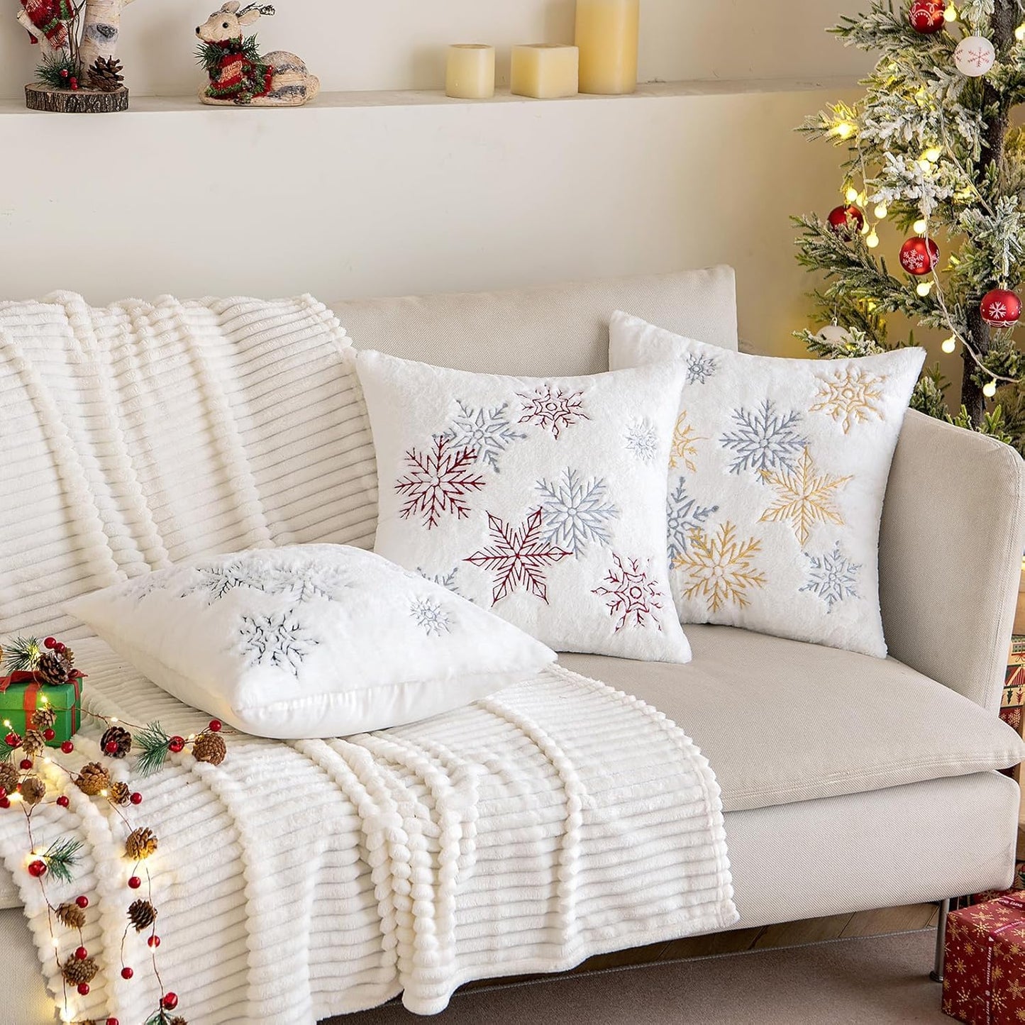 Pack of 2 Christmas Decorative Throw Pillow Covers Soft Faux Fur Pillow Cases with Embroidery Snowflake Winter Cute Pillowcases Holiday Decor for Couch Sofa Bedroom, 16×16 Inch, Burgundy