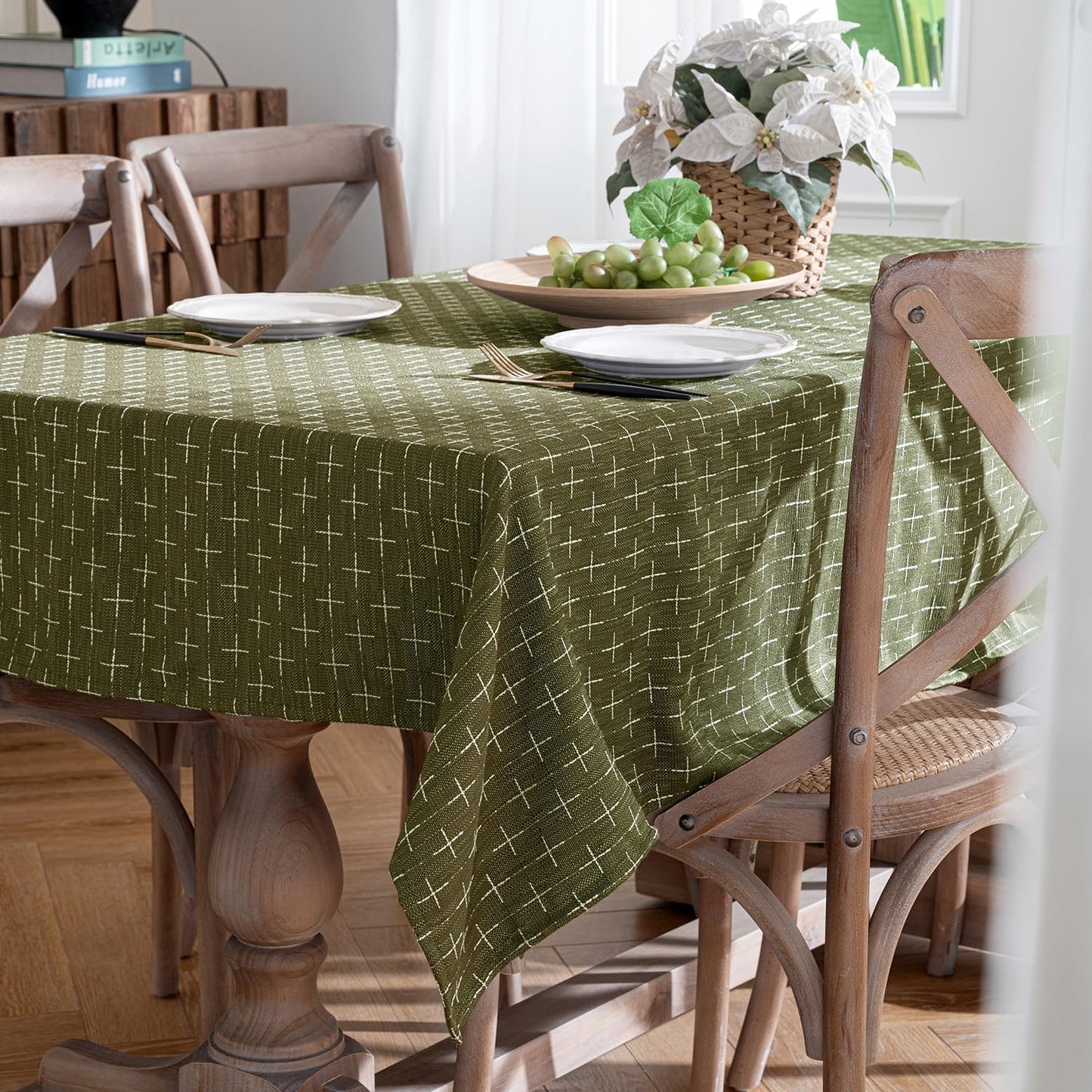 Sage Green Linen Table Cloth Rectangle Tablecloth Waterproof Spillproof Cross-Star Textured Table Cloth, Decorative Rustic Farmhouse Style for Dining/Party/Buffet/Wedding,52X70 Inch