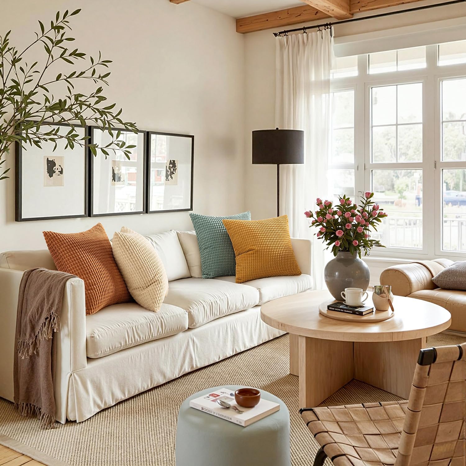 Boho Farmhouse Decorative Pillow Covers 18X18 Inch Set of 4 Rustic Modern Fall Home Decor Couch Home Decor Couch Throw Pillows Summer Corduroy Pillowcases for Sofa Living Room Bed Orange/Teal