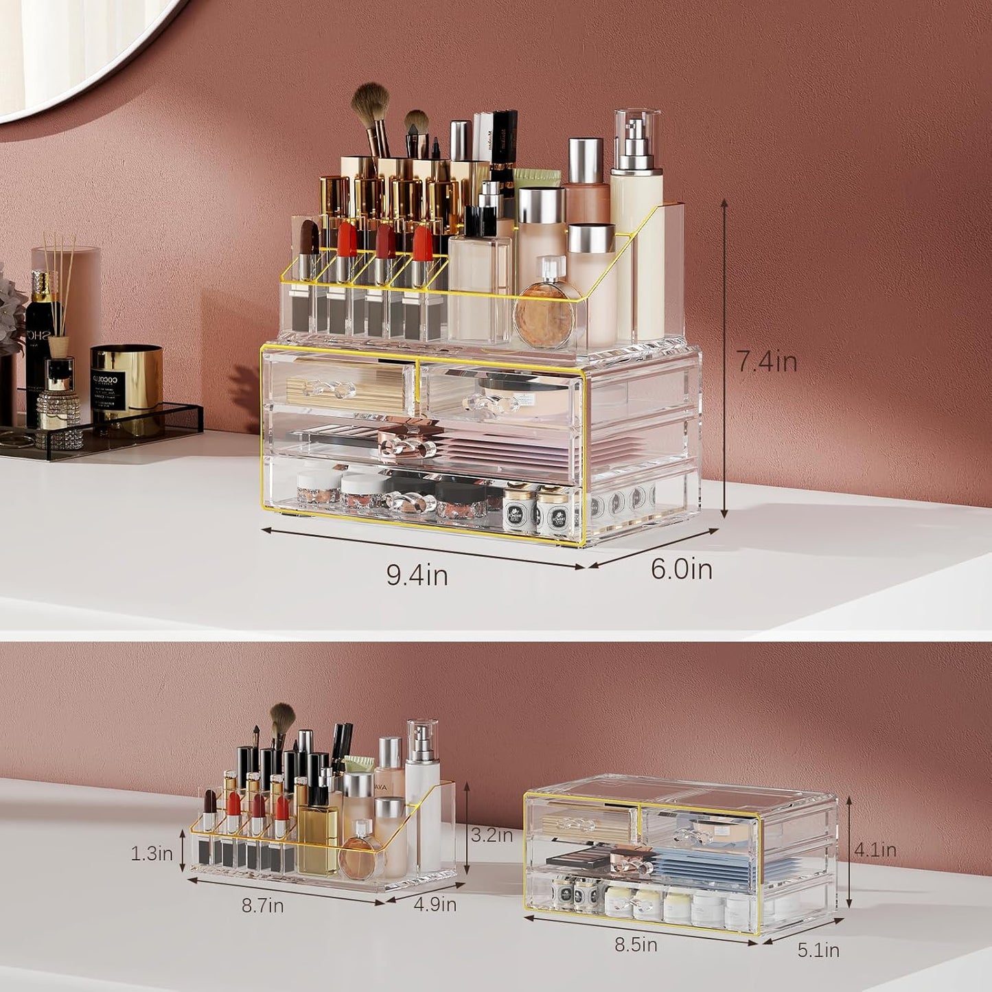 2Pc 4-Drawer Makeup Organizer Countertop Cosmetic Storage for Vanity | Bathroom | Skincare | Perfume Storage, Casual Pairing No Assembly, Ideal Gift for Women, Clear with Luxe Gold Trim