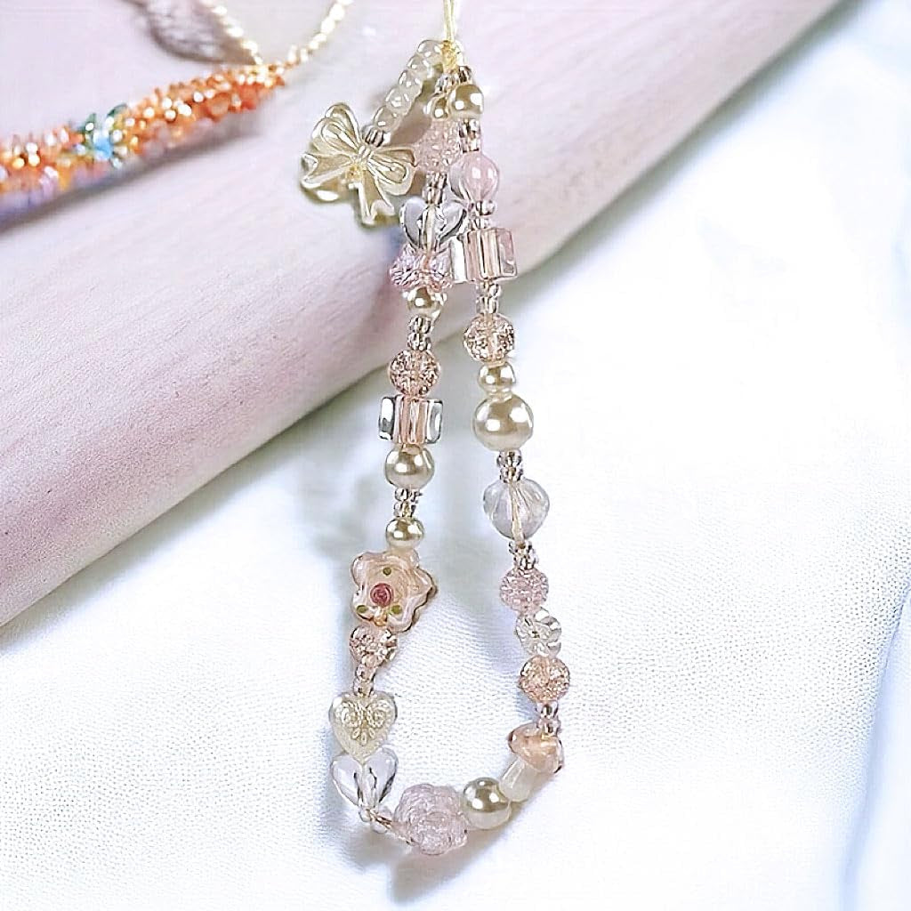 Beaded Camera Wrist Strap Cute Pearl Digital Camera Charm Lanyard, Phone Wristlet Charms, Beaded Camera Chain for Phone, Bag, Keychain Accessories (Bow&Flower)