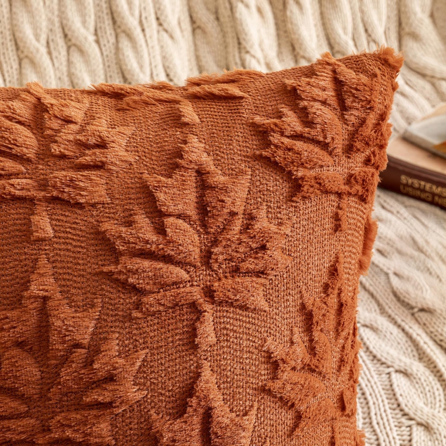 Fall Throw Pillow Covers 18X18 Rust Set of 2 Thanksgiving Autumn Decorative Hollow Maple Leaf Pattern Accent Pillow Covers Soft Plush Faux Wool for Outdoor Porch Home Decor Holiday Bedroom