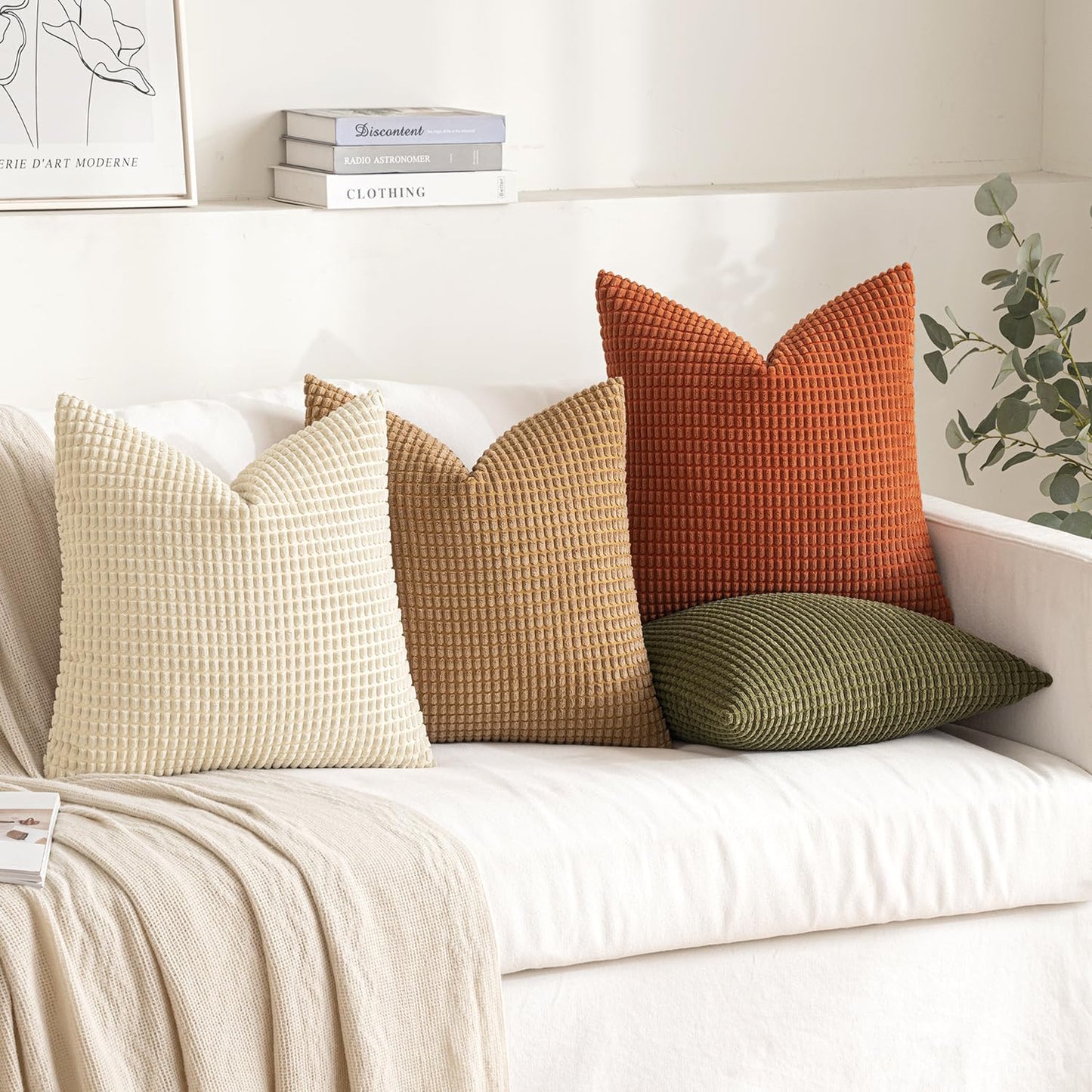 Modern Farmhouse Decorative Pillow Covers 18X18 Inch Set of 4 Natural Rustic Throw Pillows Neutral Warm Soft Corduroy Couch Pillowcases Home Decor for Sofa Living Room Bed Brown Green