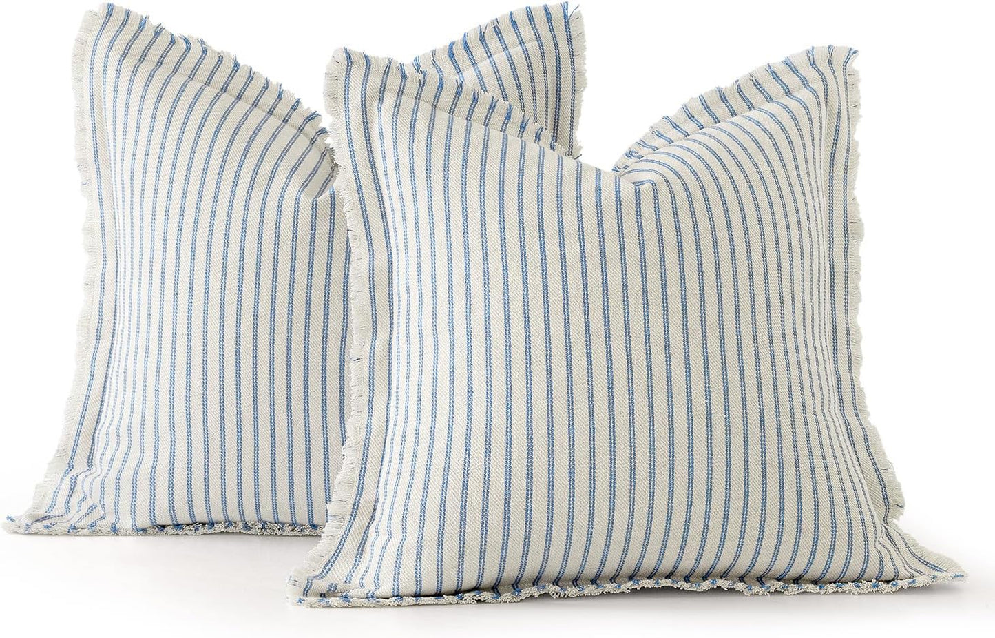 Pack of 2 Light Blue Pillow Covers 20X20 Inch Striped Farmhouse Couch Spring Throw Pillow Covers with Fringe Chic Cotton Decorative Cushion Covers for Sofa Living Room Bed Outdoor Home Decor