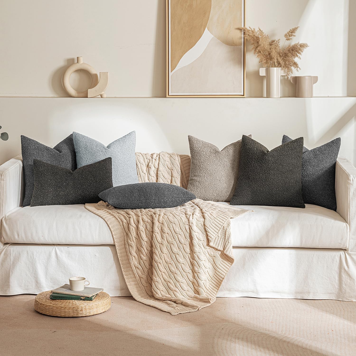 18X18 Inch Decorative Pillow Covers for Couch Bed Set of 2 Textured Boucle Neutral Throw Pillows Light Taupe Accent Solid Cushion Pillowcase Cozy Soft Sofa Livingroom Home Decor
