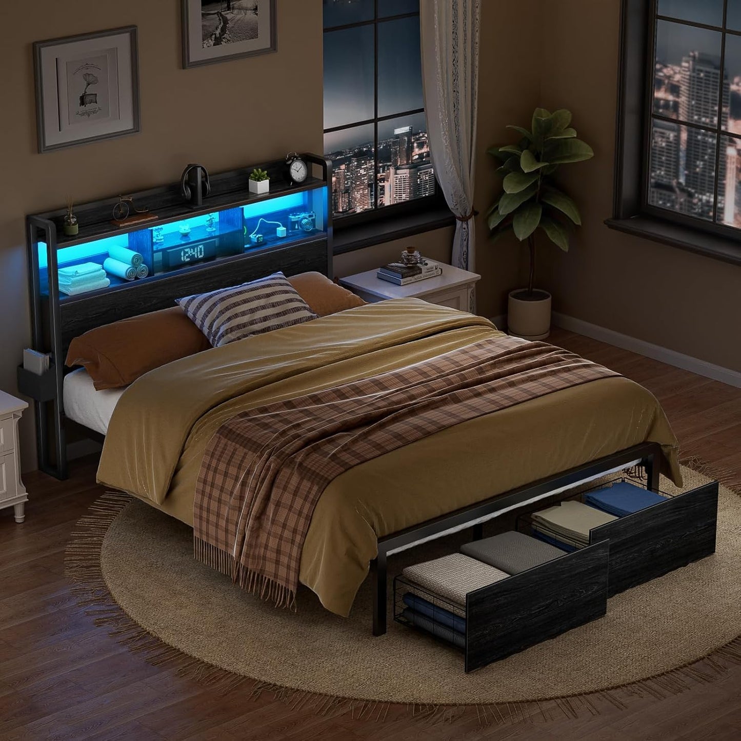 Full Size Metal Platform Bed Frame with Wooden Headboard, Integrated Storage Drawers, Shelf, LED Lighting, Charging Station, No Box Spring Required, Noise-Free, Black