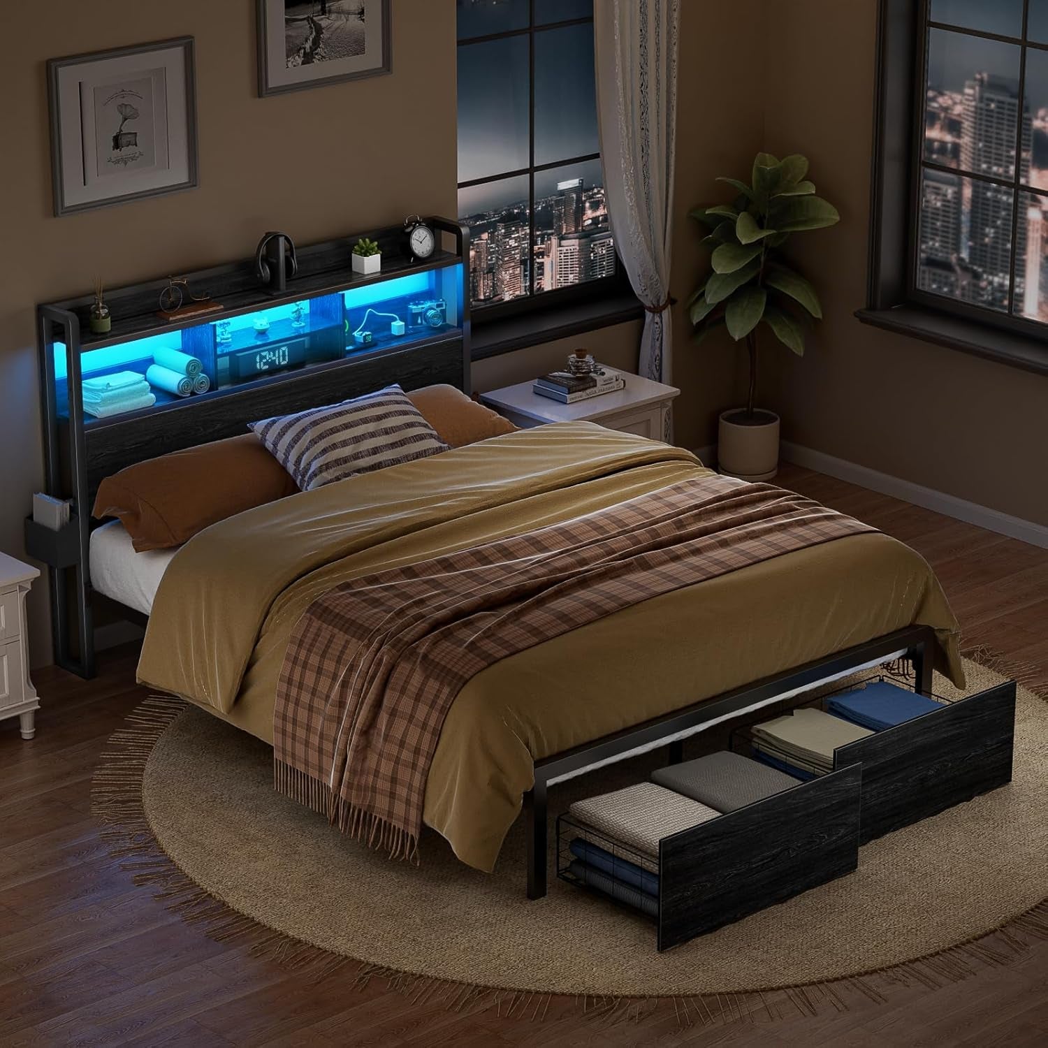 Full Size Metal Platform Bed Frame with Wooden Headboard, Integrated Storage Drawers, Shelf, LED Lighting, Charging Station, No Box Spring Required, Noise-Free, Black