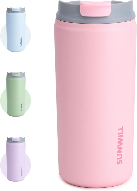 Insulated Coffee Mug with Lid, Leak Proof Tumbler Stainless Steel, 12 Oz Travel Cup for Office, Home, Powder Coated Light Pink