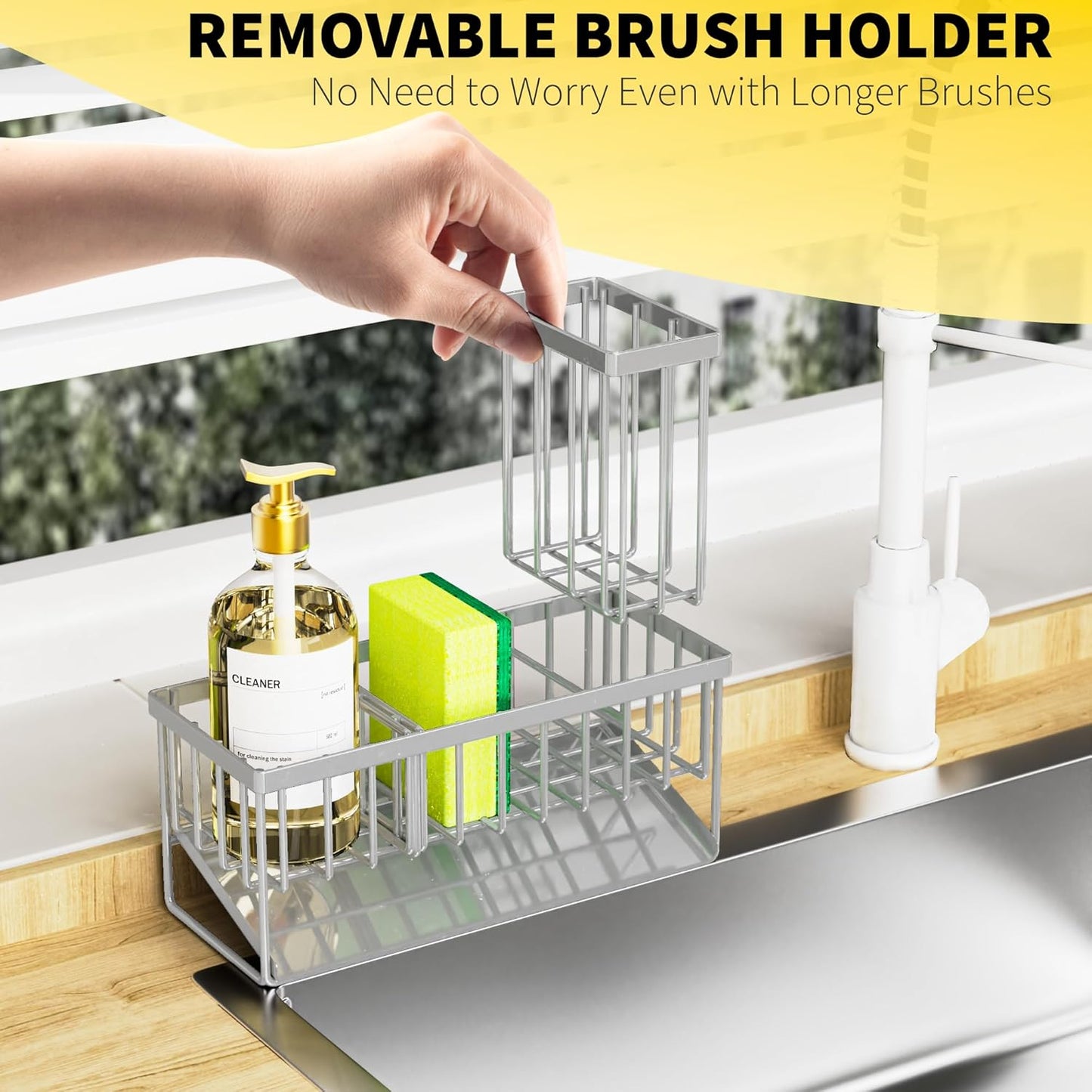 Sink Caddy Organzier with High Brush Holder, Sponge Holder for Sink, 304 Rustproof Stainless, Kitchen Countertop Soap Dispenser Organizer, Gray Kitchen Decor and Accessories