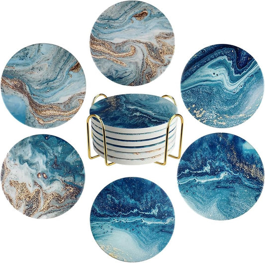 Ceramic Coasters Set of 6, Marble-Textured Design with Holder - Absorbent Cork-Backed Coasters for Cups, Bar & Coffee Table Decor Accessories (Blue Ocean, 6 Pack)