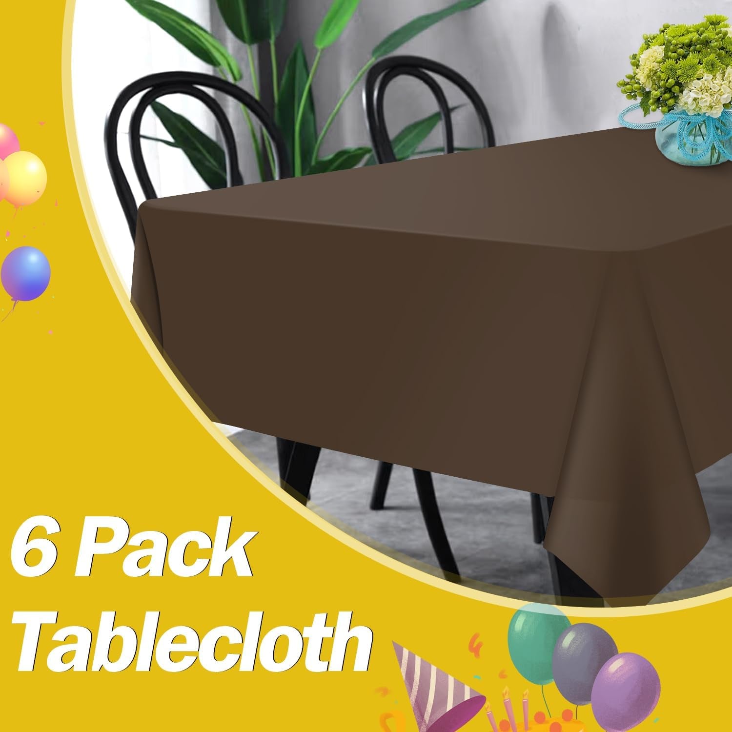 Brown 6 Pack Plastic Table Cloth 54" X 108", Disposable Tablecloths Rectangle Table Cover, Plastic Tablecloths for Parties