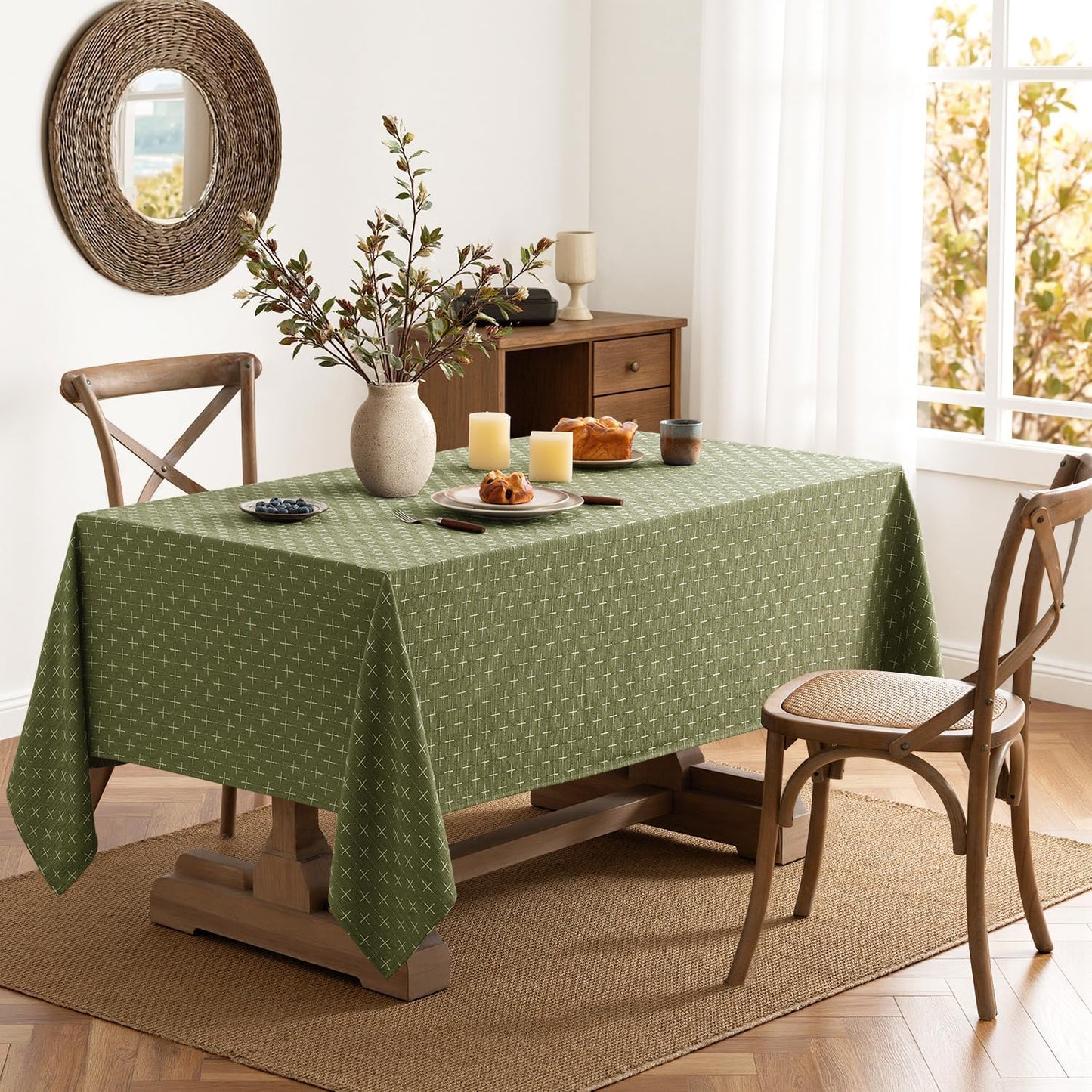 Sage Green Linen Table Cloth Rectangle Tablecloth Waterproof Spillproof Cross-Star Textured Table Cloth, Decorative Rustic Farmhouse Style for Dining/Party/Buffet/Wedding,52X70 Inch