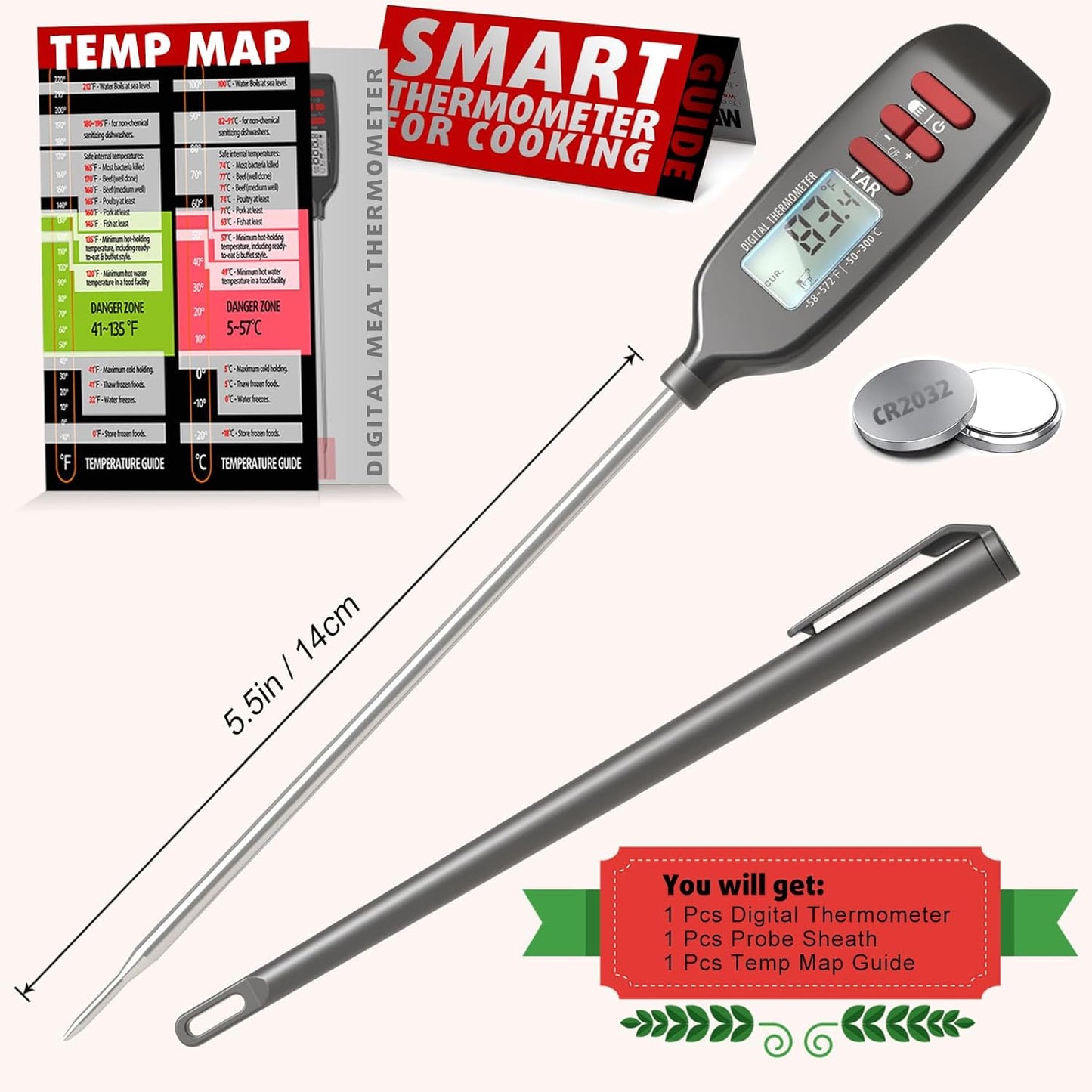 Meat Thermometer Digital, Smart Instant Read Food Thermometer with Super Long Probe for Cooking Grilling Baking Kitchen Candy BBQ Oil Liquid, Backlit Display, Battery Included