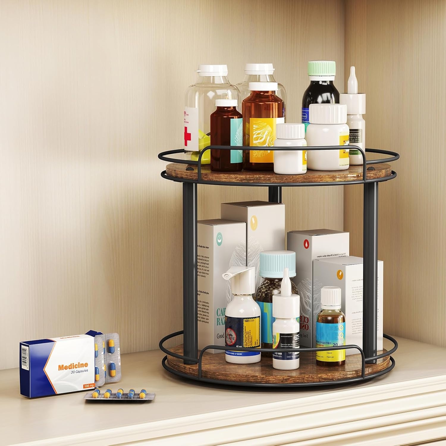 10.2'' Wood Lazy Susan Turntable Organizer for Cabinet, 2 Tier Lazy Susan Spice Rack Organizer for Kitchen, Table Top, Countertop, Pantry, Medicine Organizer