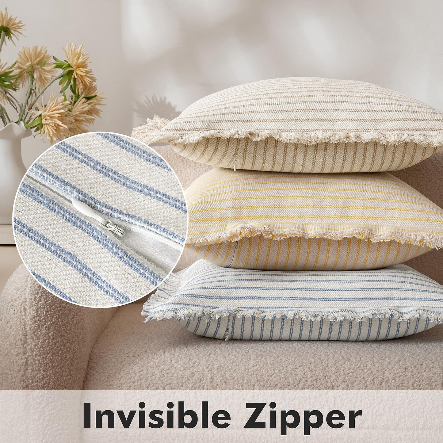 Pack of 2 Light Blue Pillow Covers 20X20 Inch Striped Farmhouse Couch Spring Throw Pillow Covers with Fringe Chic Cotton Decorative Cushion Covers for Sofa Living Room Bed Outdoor Home Decor