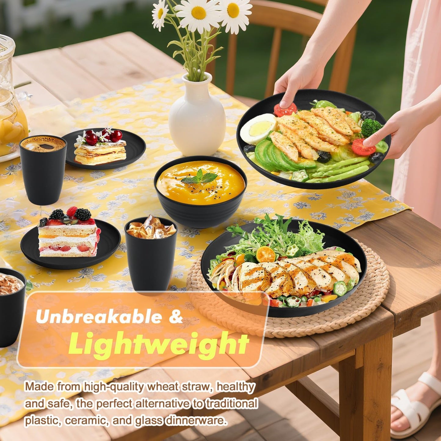 Wheat Straw 32-Piece Dinnerware Set for 8 - Includes Deep Plates, Cereal Bowls, and Drinking Cups, Microwave and Dishwasher Safe, Black Finish
