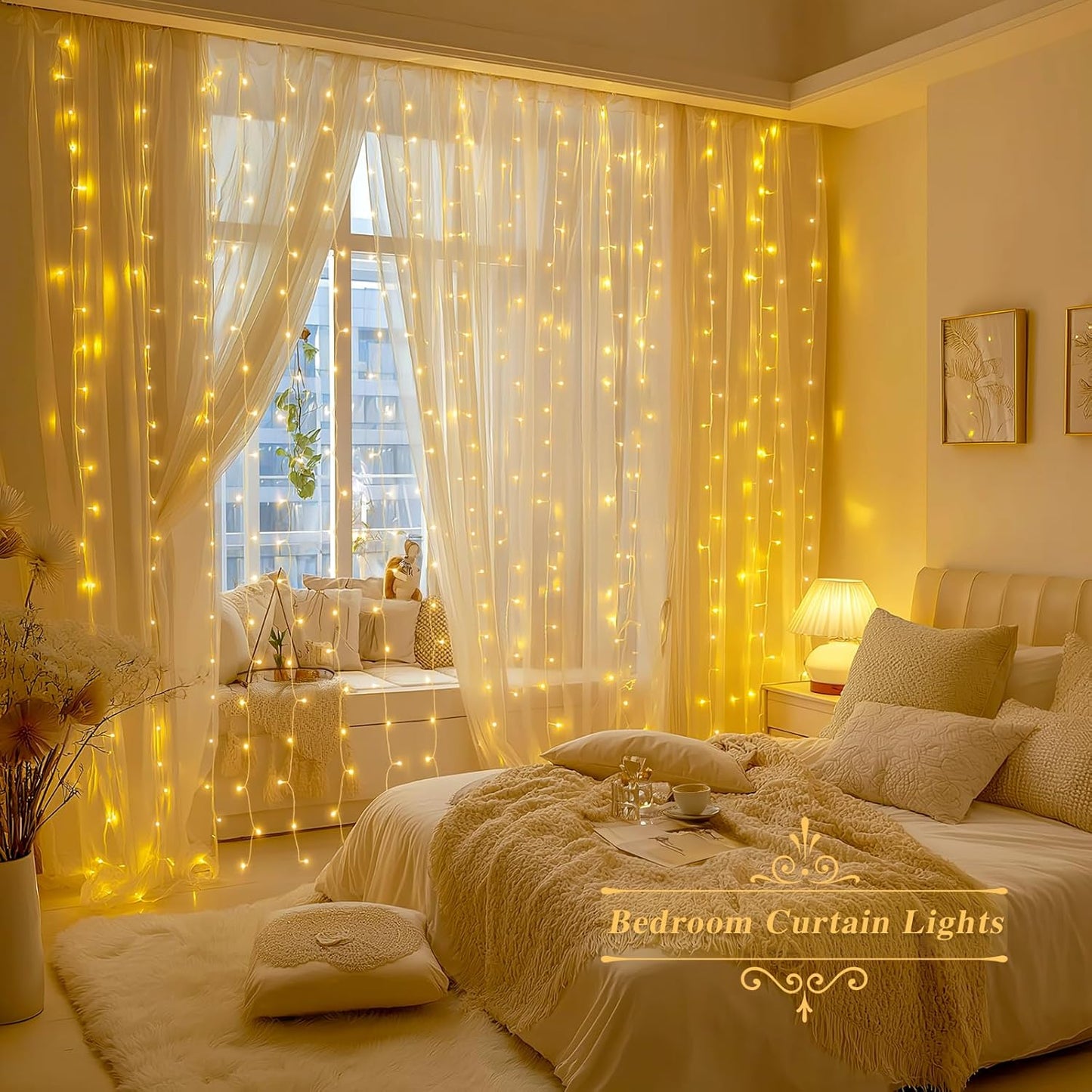 200 LED Curtain Lights Battery Operated & USB Plug In, 8 Modes Hanging String Lights Indoor with Remote, Warm White Twinkle Curtain Lights for Bedroom Backdrop Classroom Wedding Party Decor