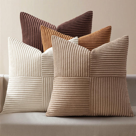 Brown Throw Pillow Covers 18X18 Inch Set of 4 Boho Farmhouse Cushion Cases Neutral Gradient Corduroy Pillow Cases with Invisible Zipper Patchwork Home Decor for Couch Sofa Bed