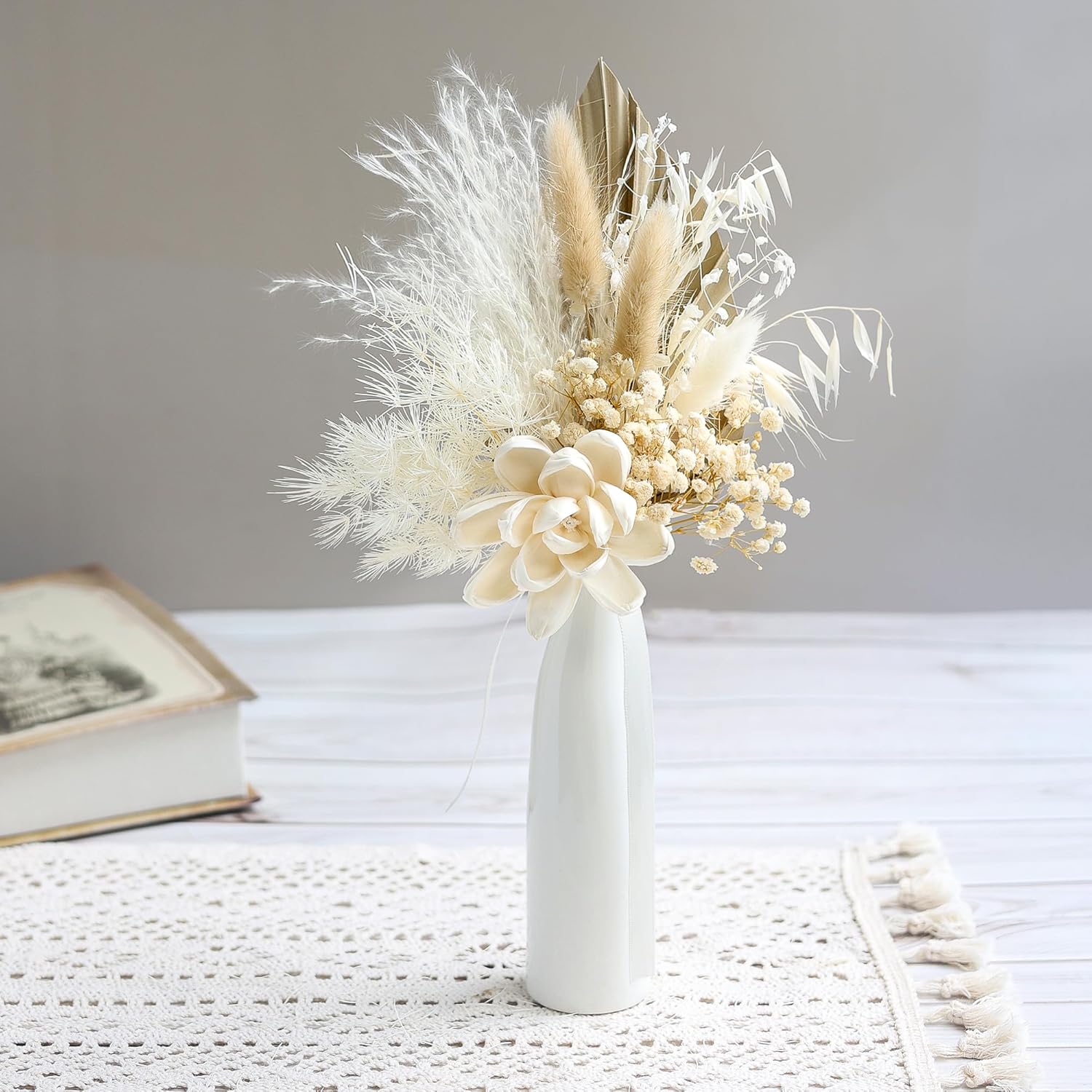 Dried Flowers Bouquet with Vase,Dried Pampas Grass Bouquet, Dried Flowers for Boho Home Decor,Farmhouse Decor, Wedding Party Table Centrepieces. (White)