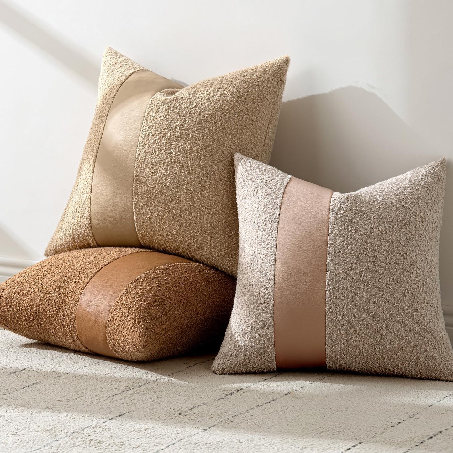 Boucle Throw Pillow Covers 18X18 Inch Set of 2 Khaki Faux Leather Textured Decorative Pillow Cases Boho Farmhouse Accents Cushion Covers for Couch Bed Livingroom Home Decor