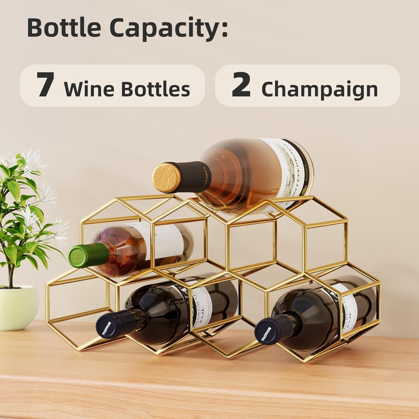Small Gold Wine Rack 9 Bottle Holder Countertop - No Need Assembly Modern Metal Wire Wine Storage for Counter Top Table Top Coffee Bar Kitchen