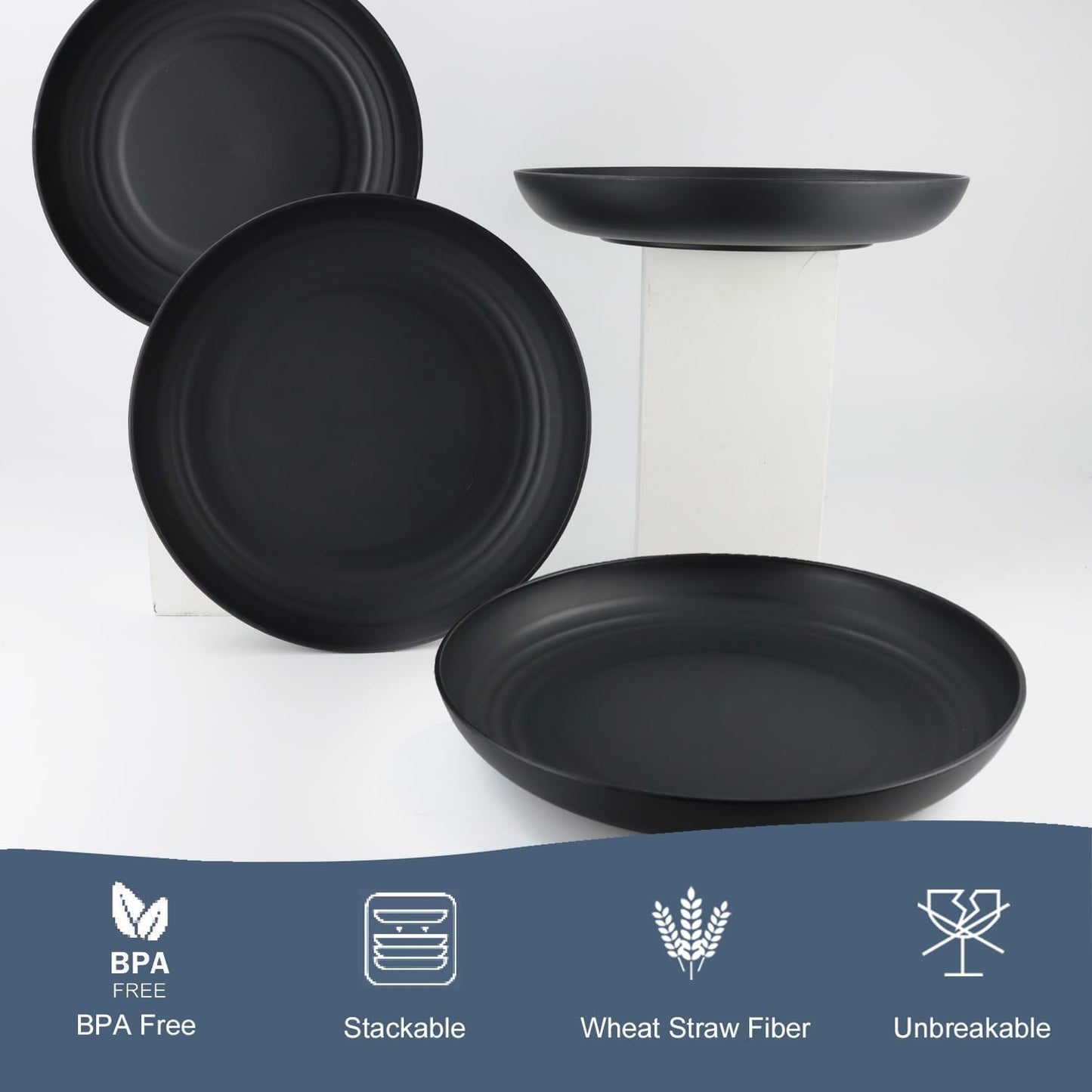 Set of 12 Deep Dinner Plates - Eco-Friendly Wheat Straw, Microwave & Dishwasher Safe, Unbreakable Design for Children (Black, 10 Inch)