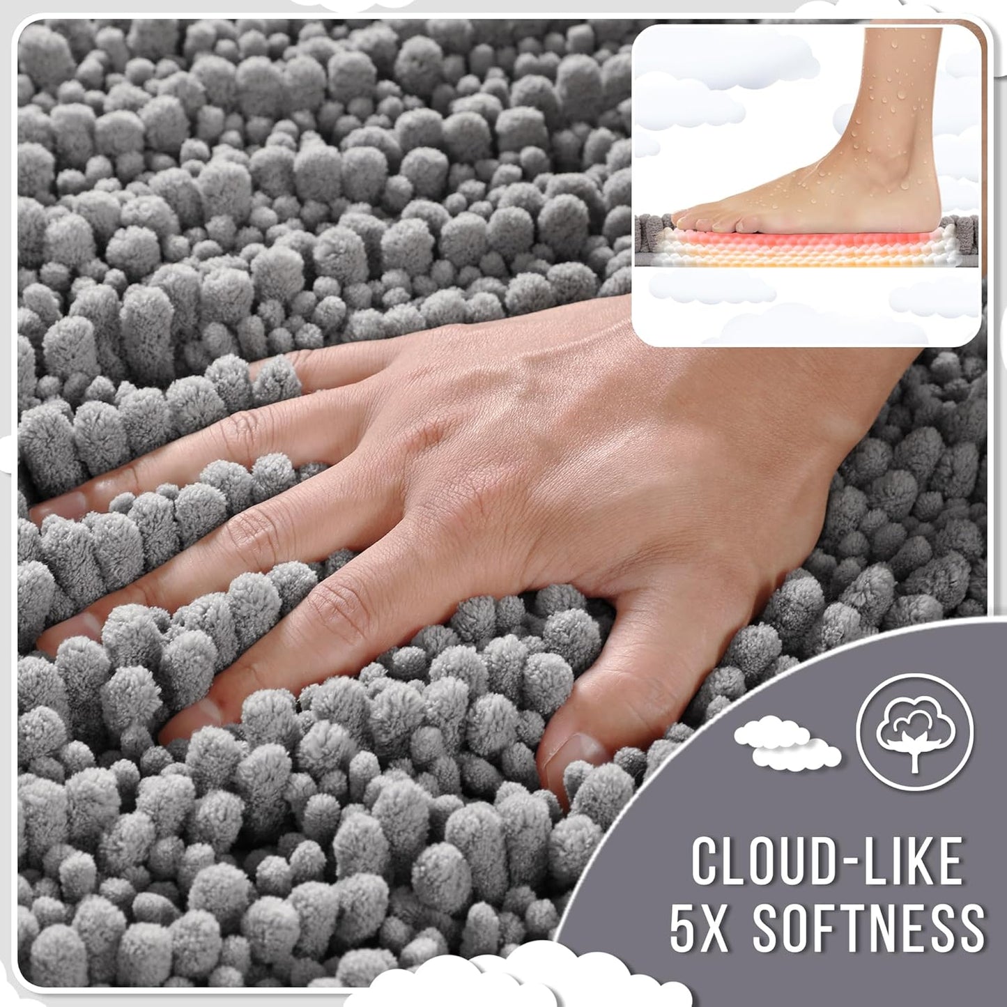 Bathroom Rugs Non Slip Washable 24X17 Inch - Ultra Soft Absorbent Chenille Bath Mat, Quick Dry Shaggy Floor Carpet for Tub Shower, Gray Home Decor Accessories