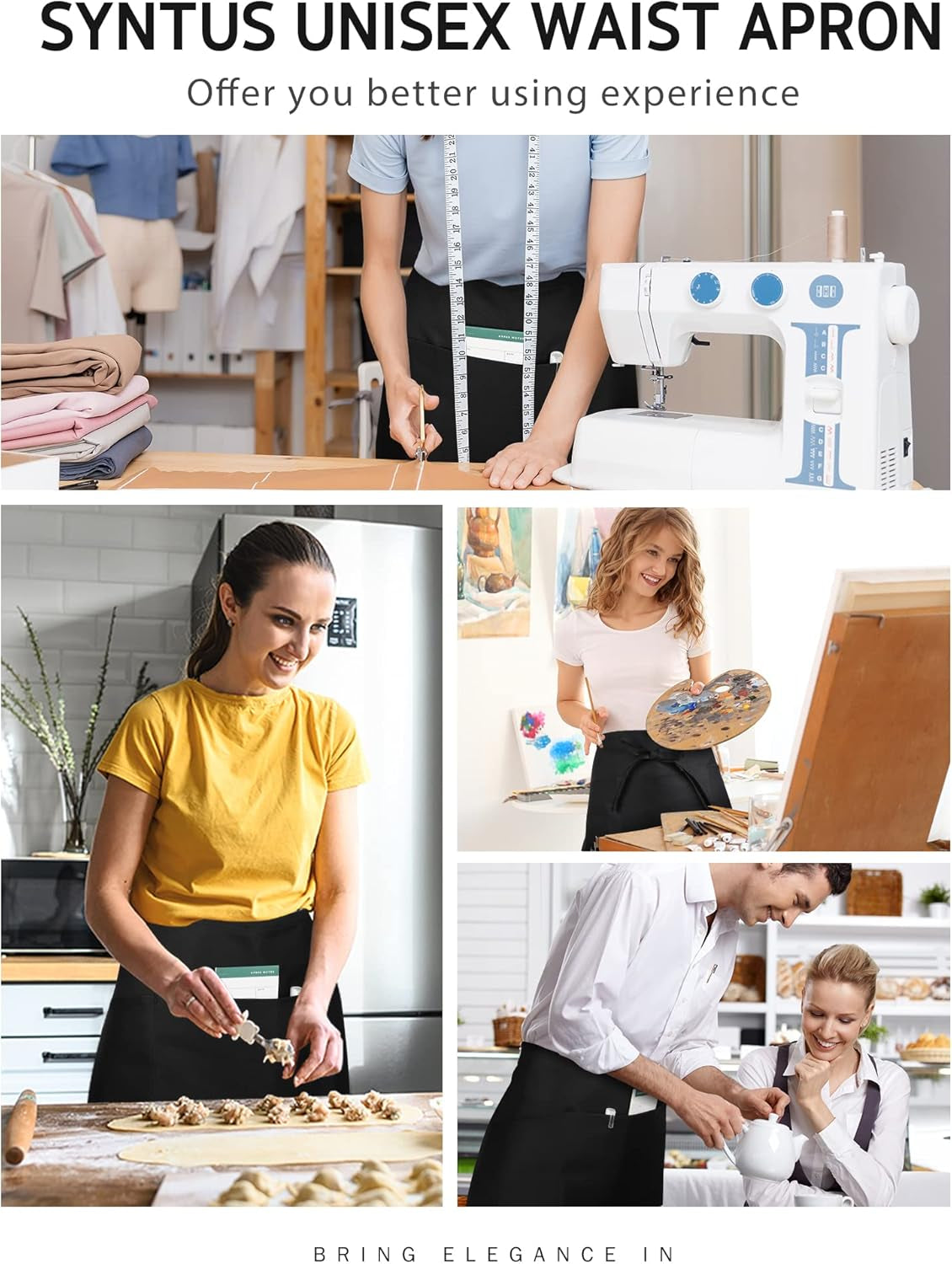 2 Pack Server Aprons with 3 Pockets, Waterdrop Resistant Waitress Waiter Waist Apron, 11.5-Inch Black