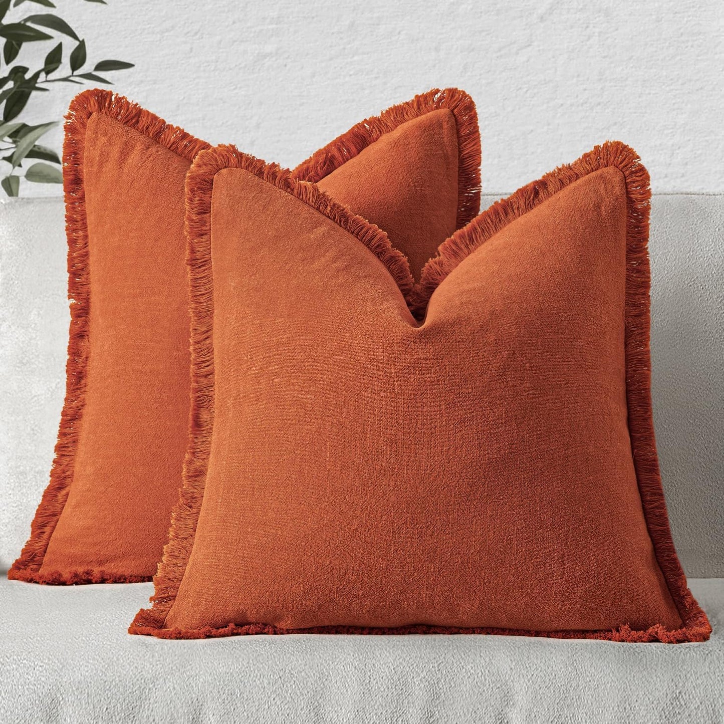Fall Decorative Throw Pillow Covers Neutral Linen Fringe Throw Pillows Set of 2 Burnt Orange Boho Farmhouse Cushion Covers with Tassels for Couch Sofa Bed Living Room Home Decor 18X18 Inch