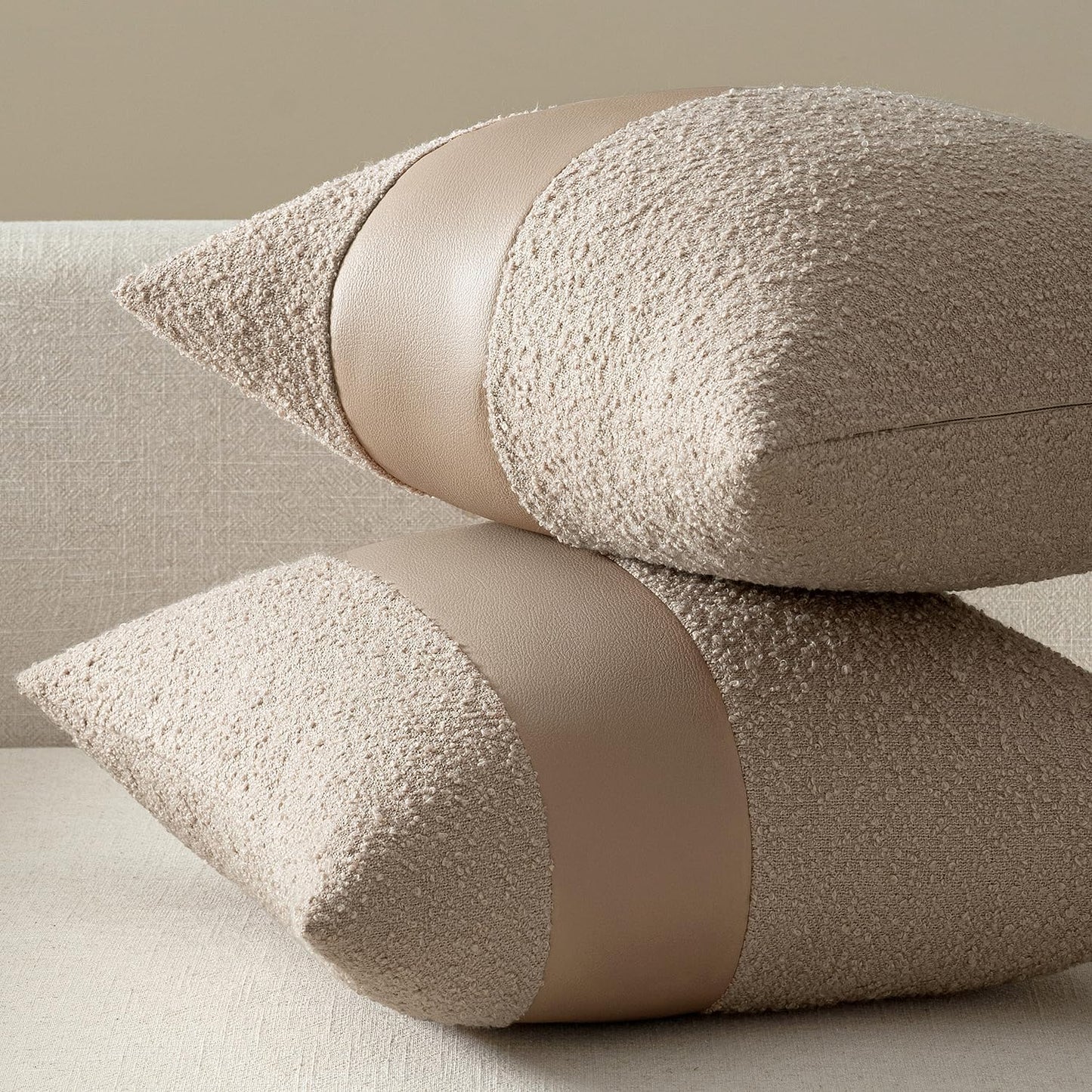 Boucle Throw Pillow Covers 18X18 Inch Set of 2 Oatmeal Faux Leather Textured Decorative Pillow Cases Boho Farmhouse Accents Cushion Covers for Couch Bed Livingroom Home Decor
