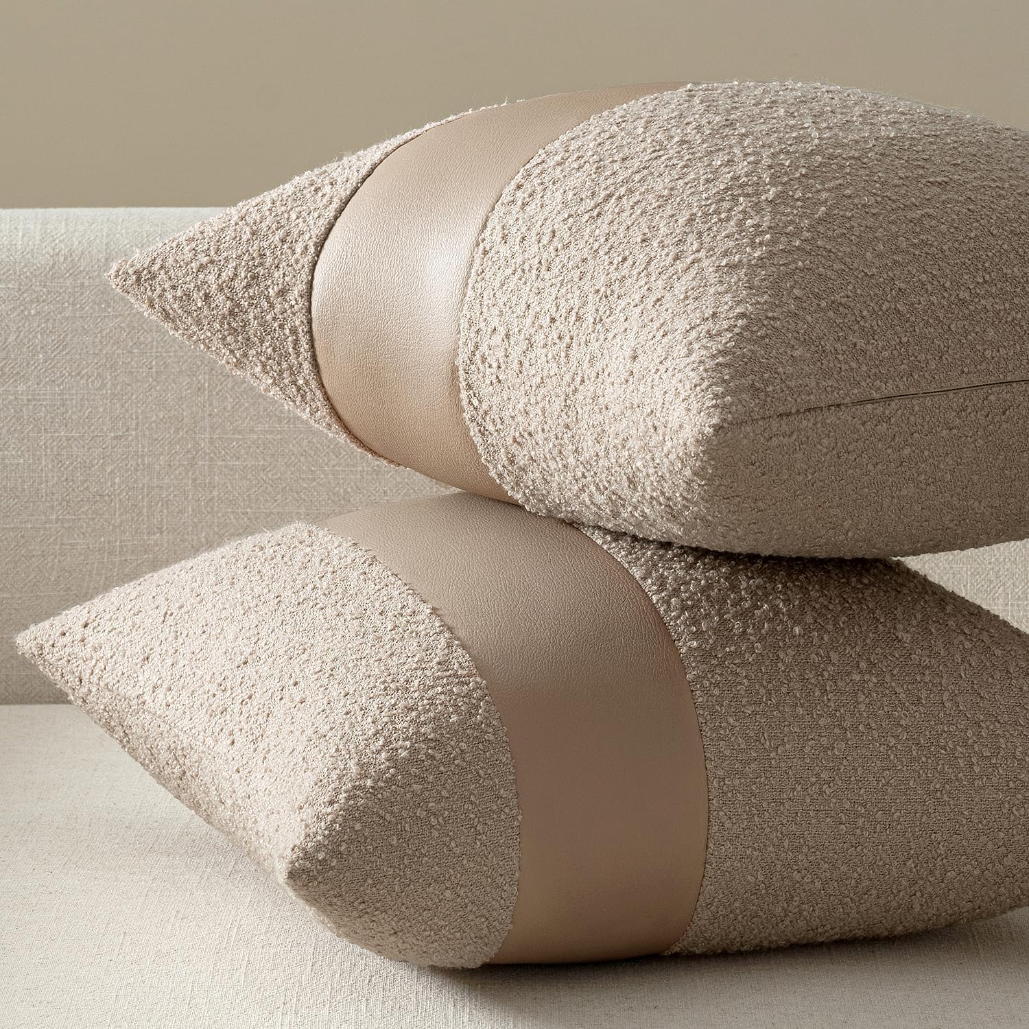 Boucle Throw Pillow Covers 18X18 Inch Set of 2 Oatmeal Faux Leather Textured Decorative Pillow Cases Boho Farmhouse Accents Cushion Covers for Couch Bed Livingroom Home Decor