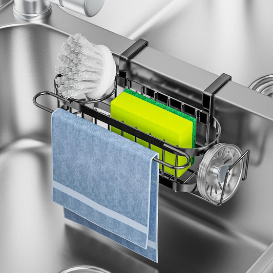3-In-1 Sponge Holder for Kitchen Sink Caddy (Hanging&Adhesive), Stainless Steel Movable Brush Holder + Dish Cloth Hanger, Hanging Sink Caddy Organizer, in Sink Organizer Accessories Rack