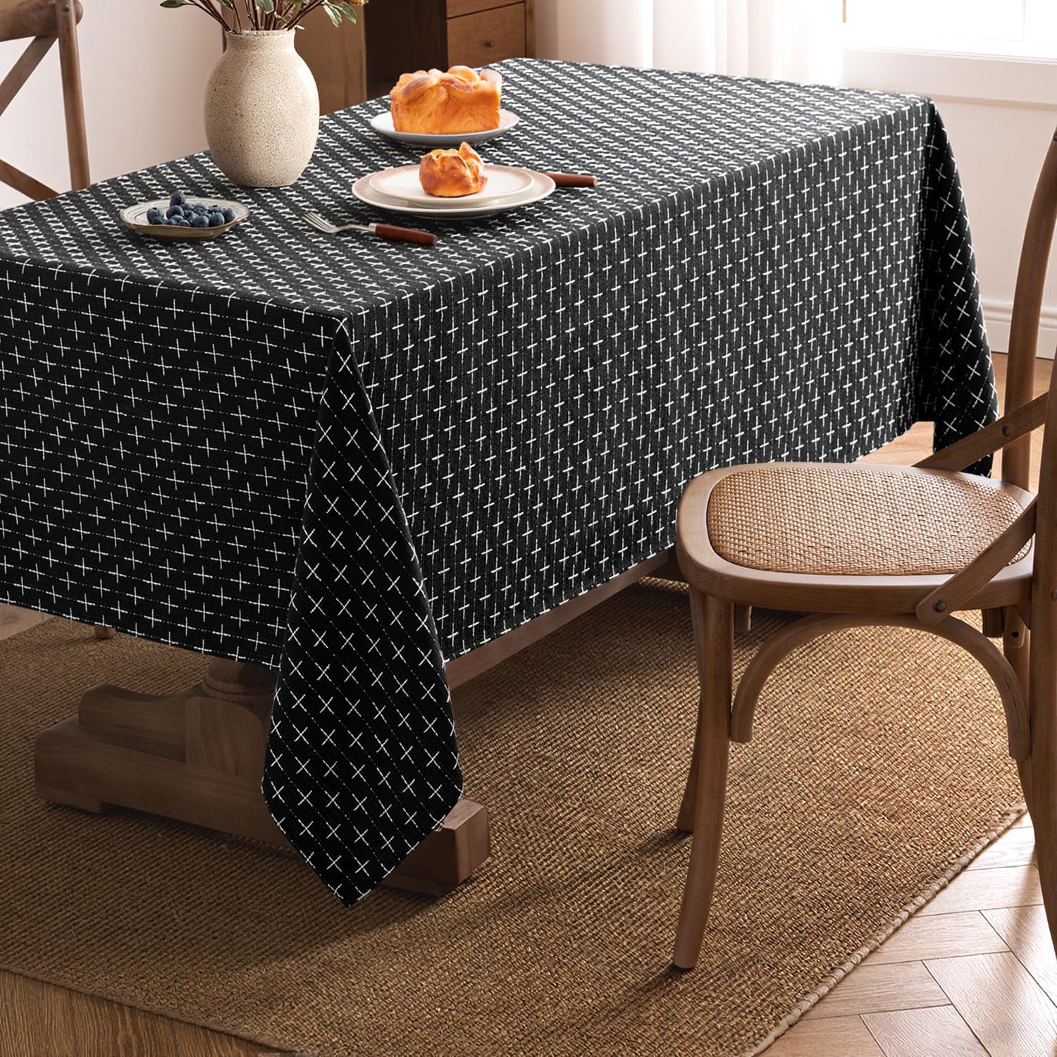 Black Linen Table Cloth Rectangle Tablecloth Waterproof Spillproof Cross-Star Textured Table Cloth, Decorative Rustic Farmhouse Style for Dining/Party/Buffet/Wedding,52X70 Inch
