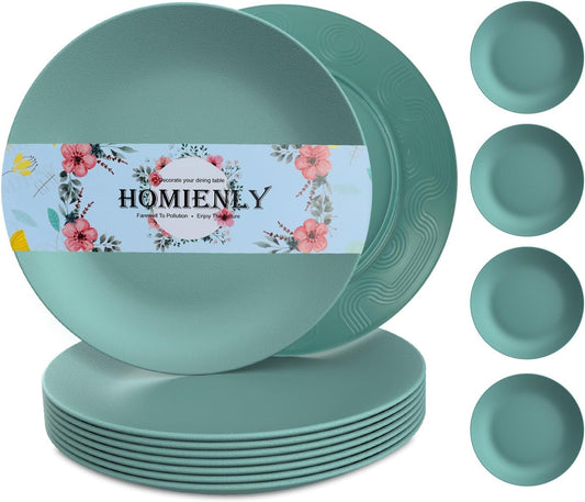 Set of 8 Microwave and Dishwasher Safe Wheat Straw Flat Dinner Plates - Unbreakable 10-Inch Kids Plates in Green, Model MS 01