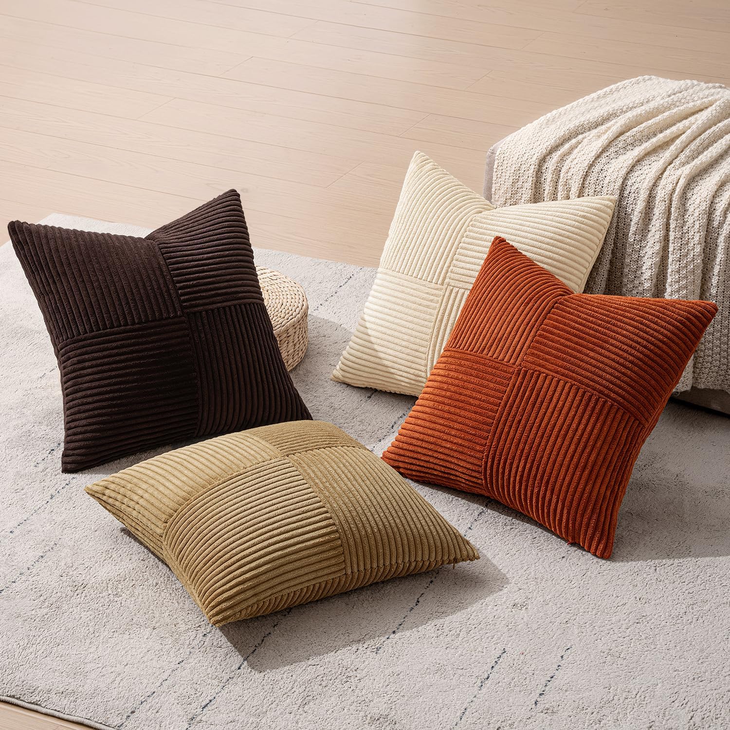 Brown Beige Throw Pillow Covers 18X18 Inch Set of 4 Boho Farmhouse Cushion Cases for Livingroom Couch Bed Soft Corduroy Pillow Cases with Invisible Zipper Home Decor