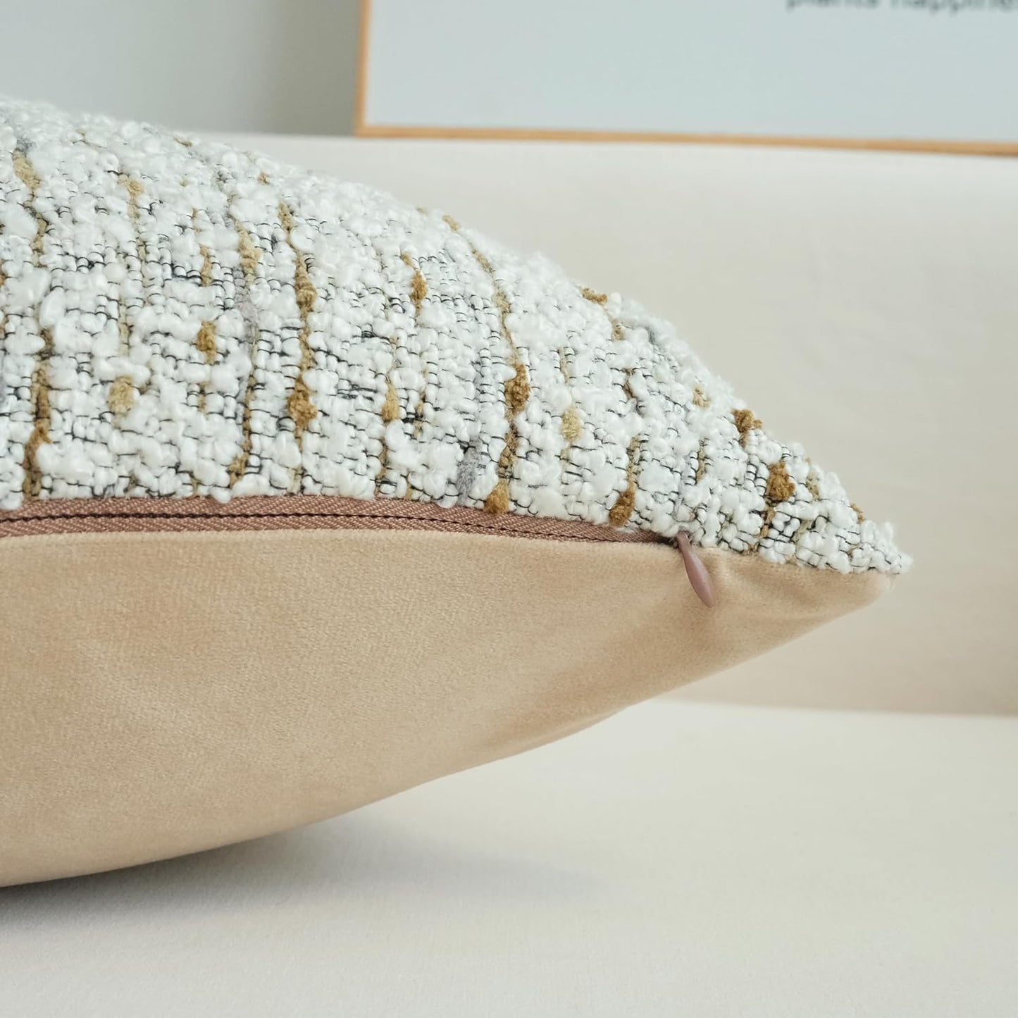 Pack of 2 Textured Bouclel Decorative Throw Pillow Covers Farmhouse Boho Home Decor Striped Corduroy Square Chenille Pillowcases 18 X 18 Inch Beige