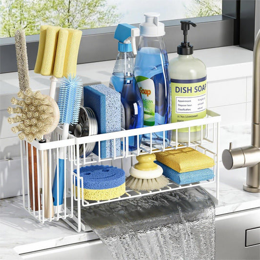 White 2-Tier Kitchen Sink Caddy Organzier Rack with Flexible Dish Brush Holder, Sponge Holder for Kitchen Sink Countertop Organization Storage,Home Decor Accessories