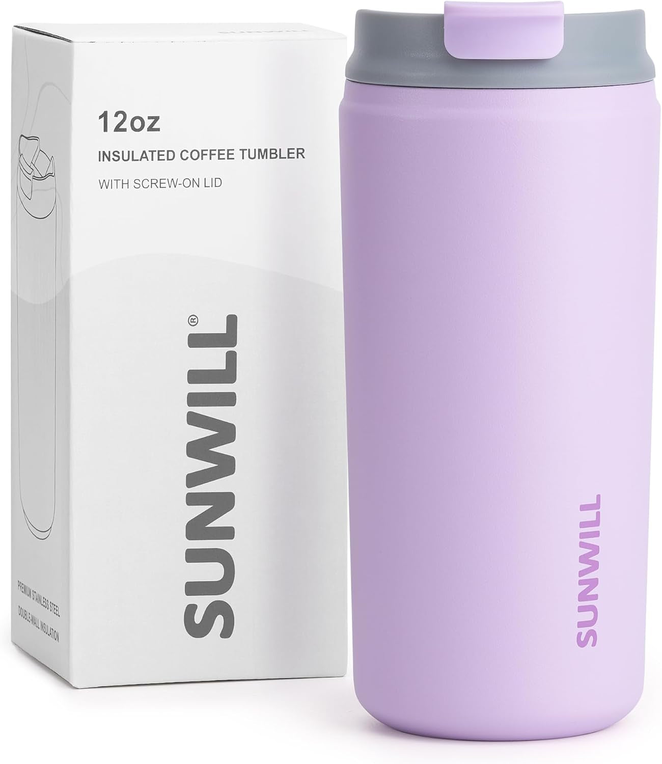 Travel Coffee Tumbler, Insulated Mug with Lid, Leak Proof Stainless Steel Cup 12 Oz for Water, Tea, Ice, Powder Coated Lavender